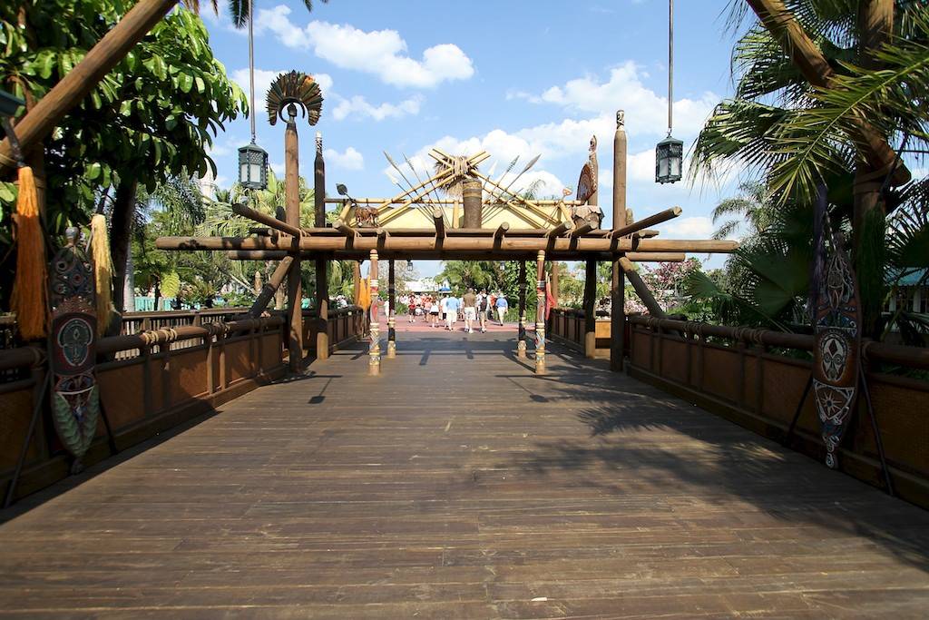 View of the perfectly flat bridge from Adventureland towards the hub
