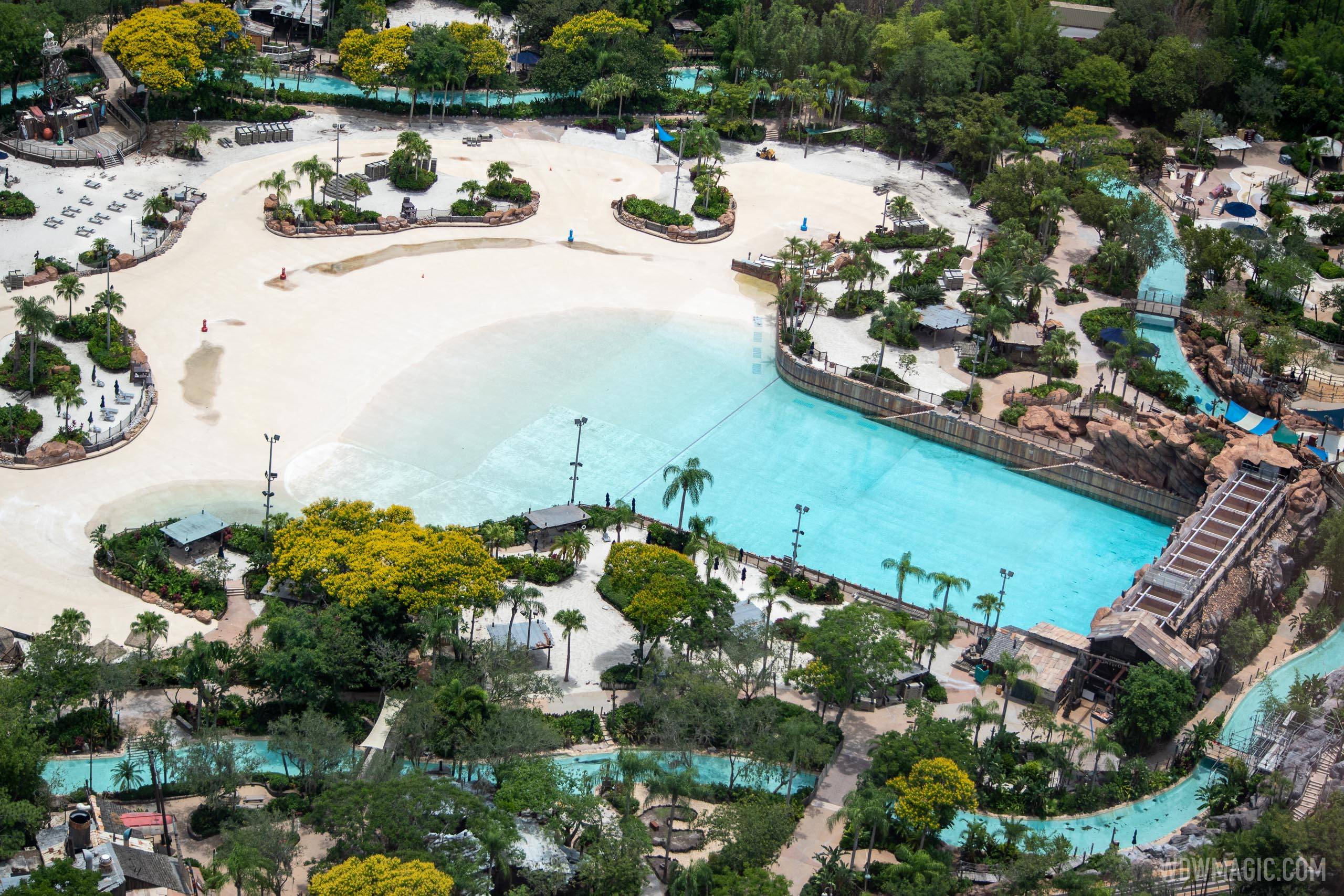 Typhoon Lagoon closed during COVID-19 shutdown and a view of a partially drained wave pool