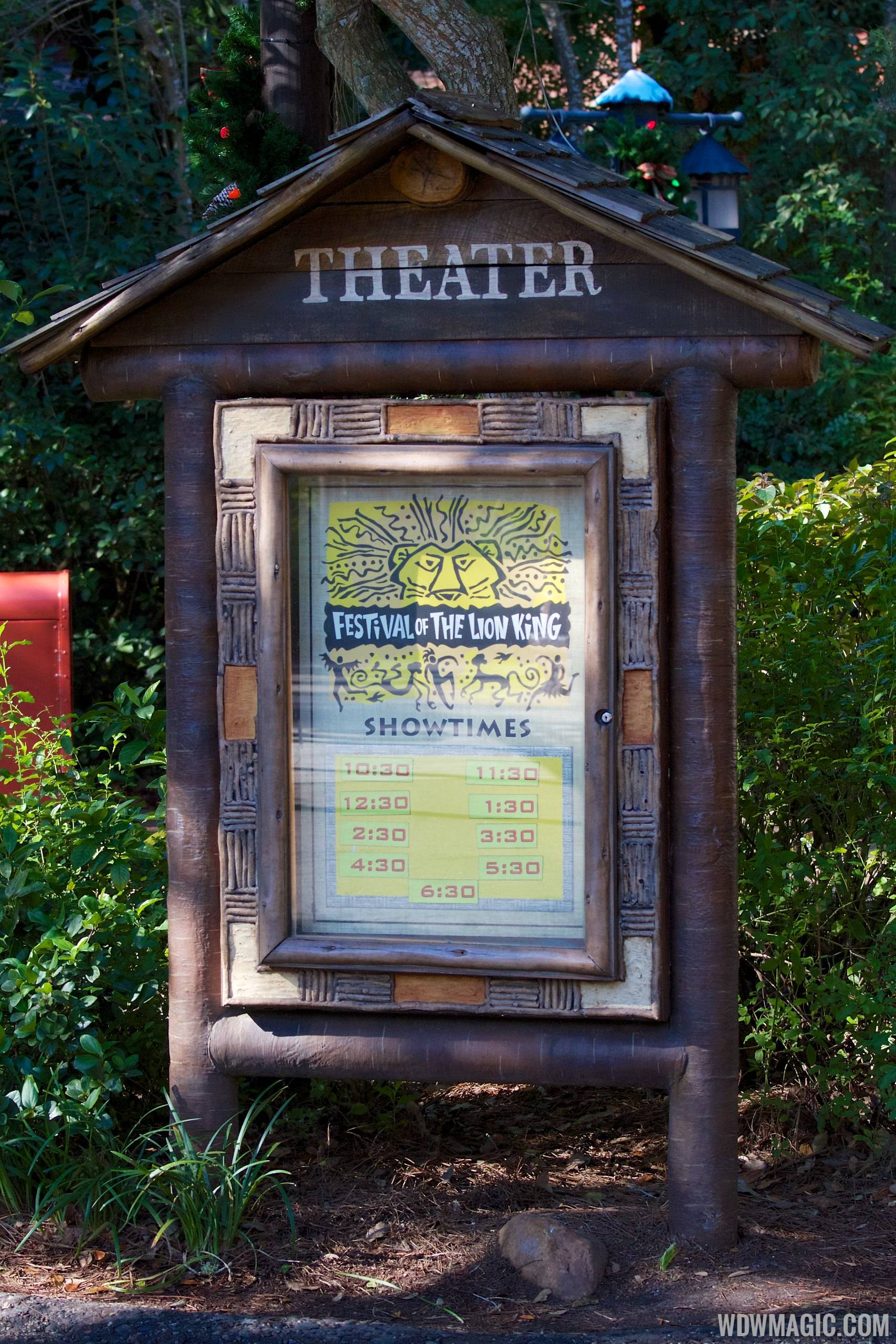 Camp Minnie-Mickey - Festival of the Lion King showtime board