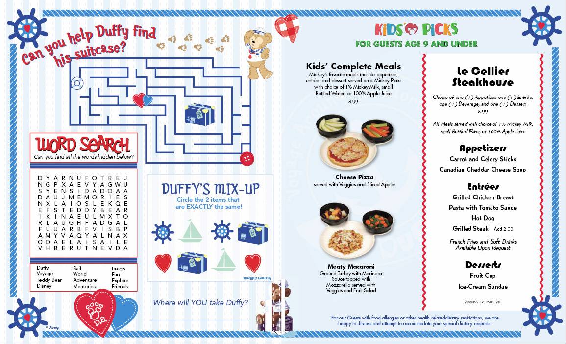 Duffy now appearing on Epcot restaurant Kid's menus
