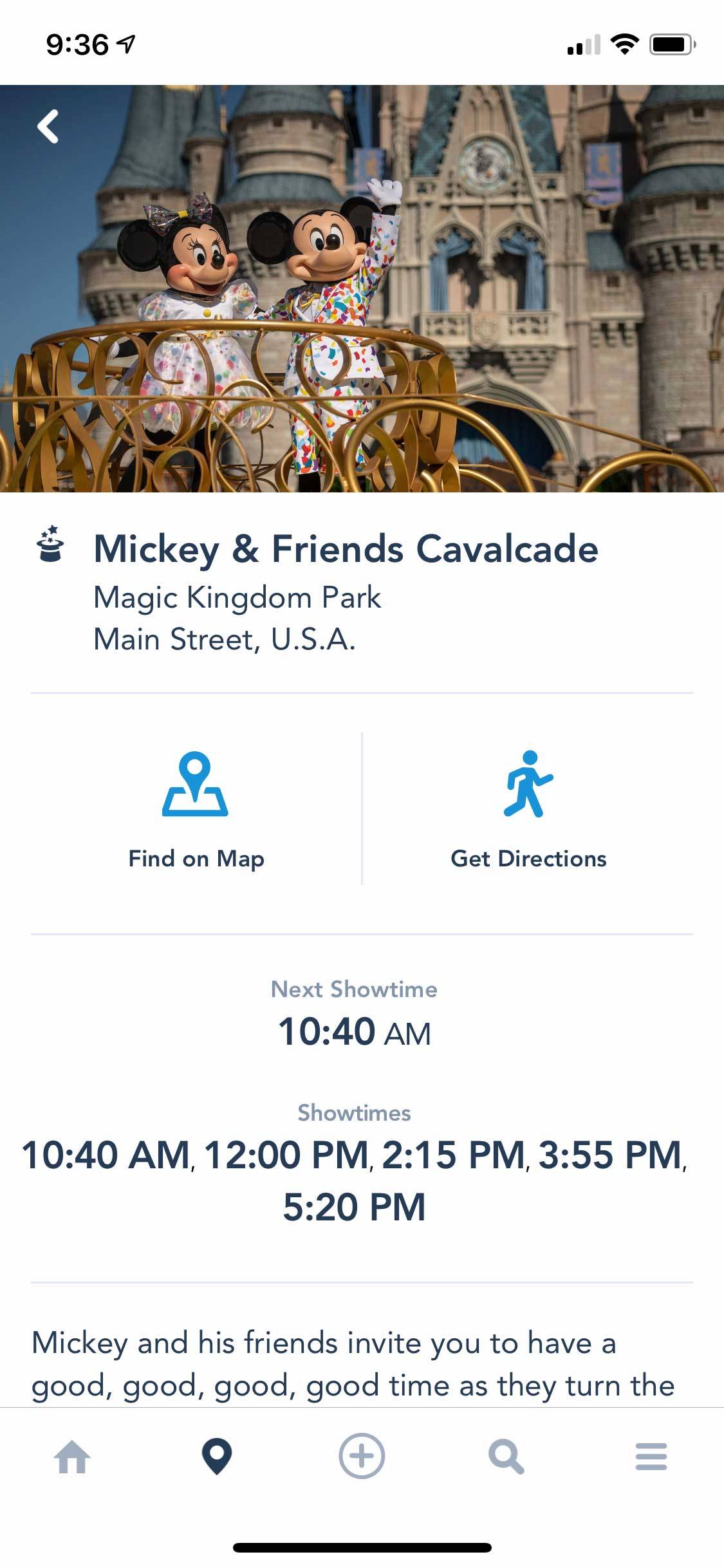 Screenshot from My Disney Experience - Mickey and Friends cavalcade showtimes