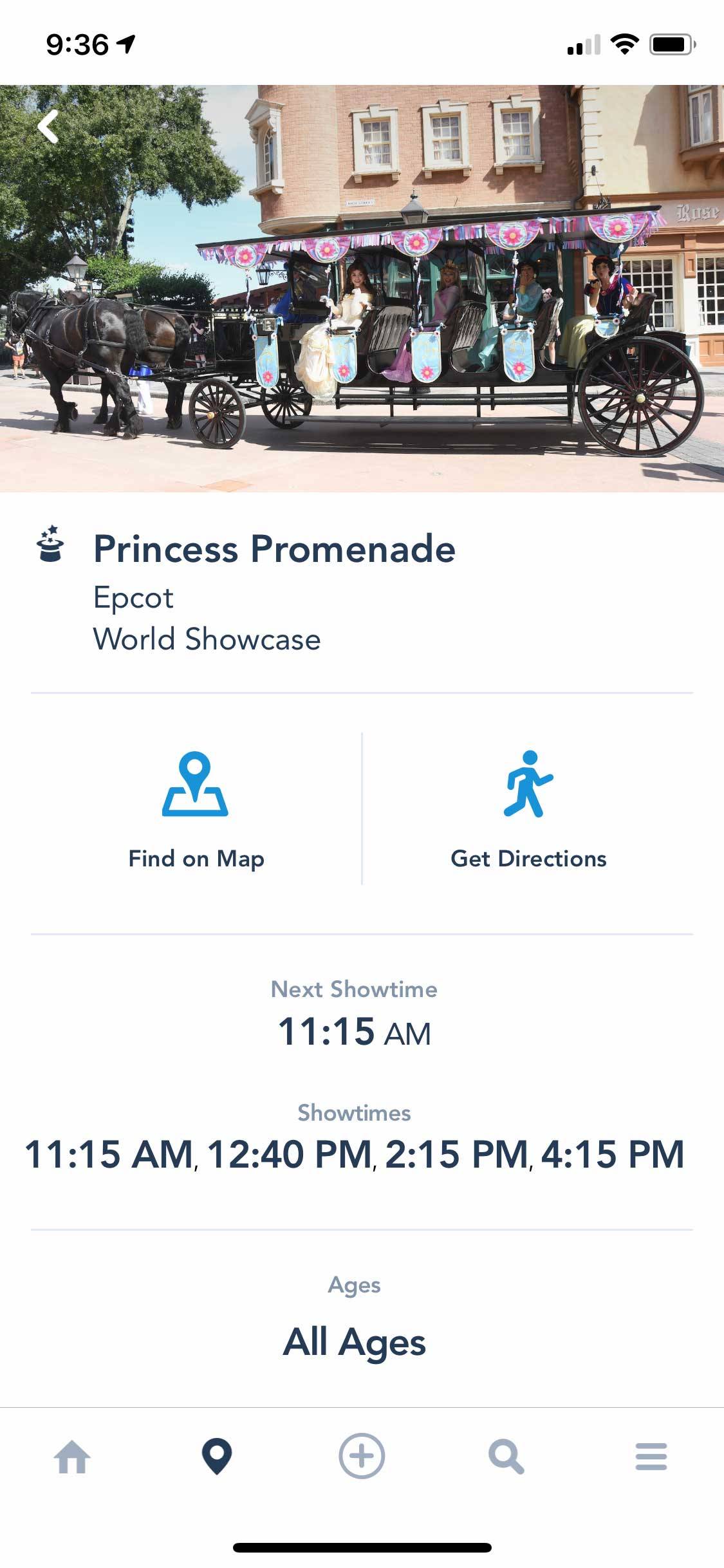 Screenshot from My Disney Experience - &nbsp;Princess Promenade cavalcade showtimes