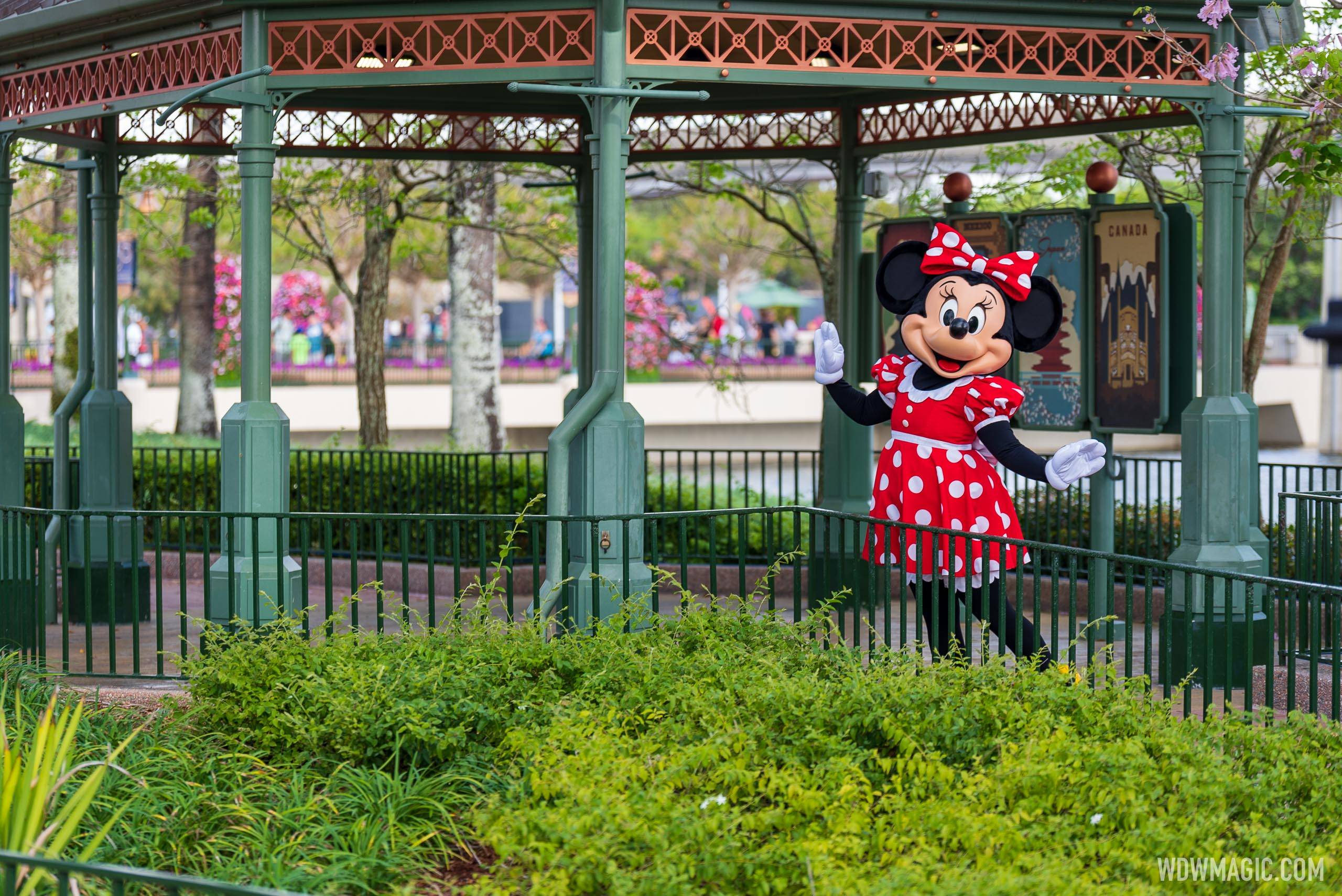 Distanced Minnie Mouse meet and greet at the EPCOT World Showcase Gazebo - March 2022