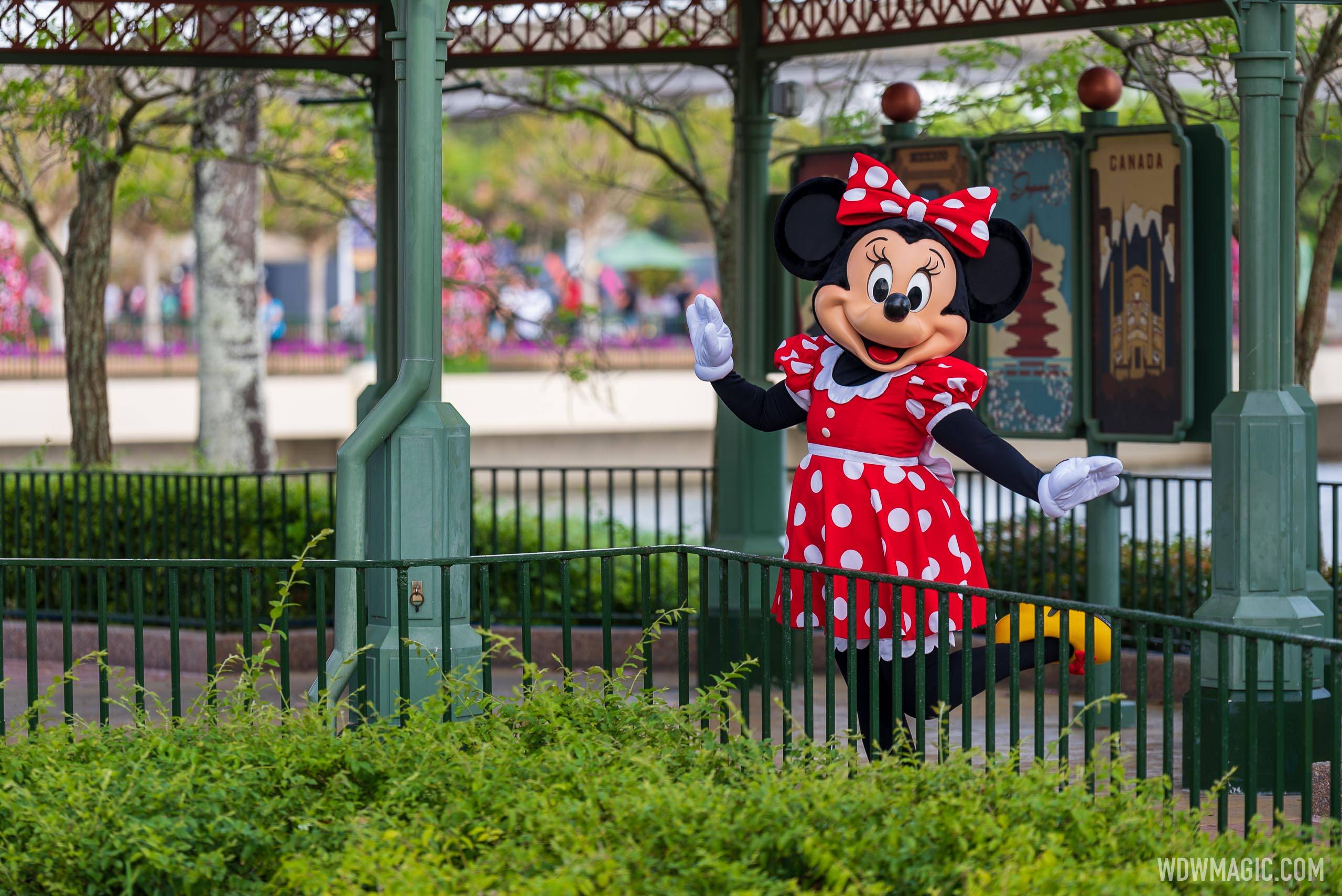 Distanced Minnie Mouse meet and greet at the EPCOT World Showcase