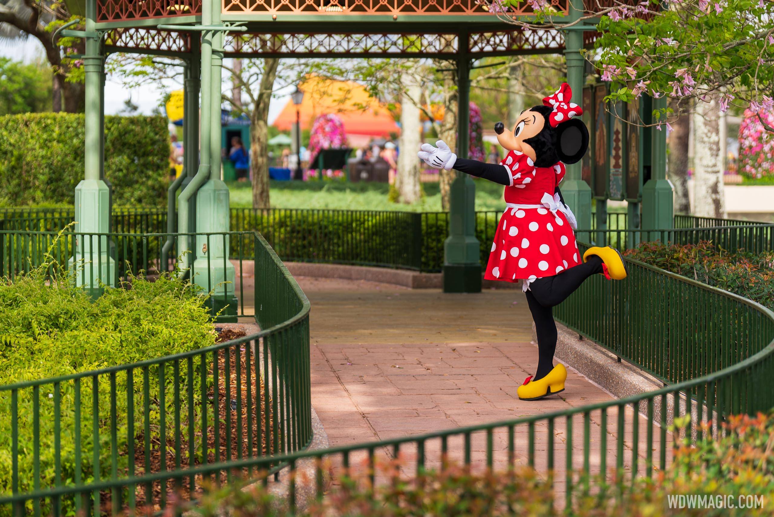 Minnie Mouse meeting guests in March at EPCOT from behind a fence