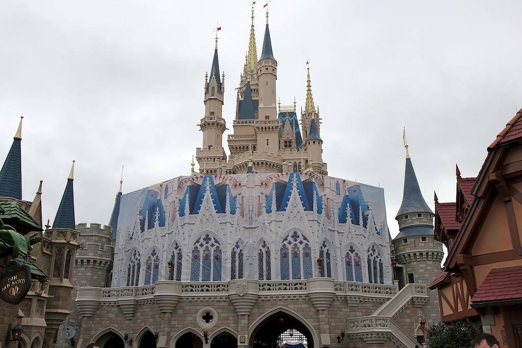 Cinderella Castle refurbishment scrim on Fantasyland side
