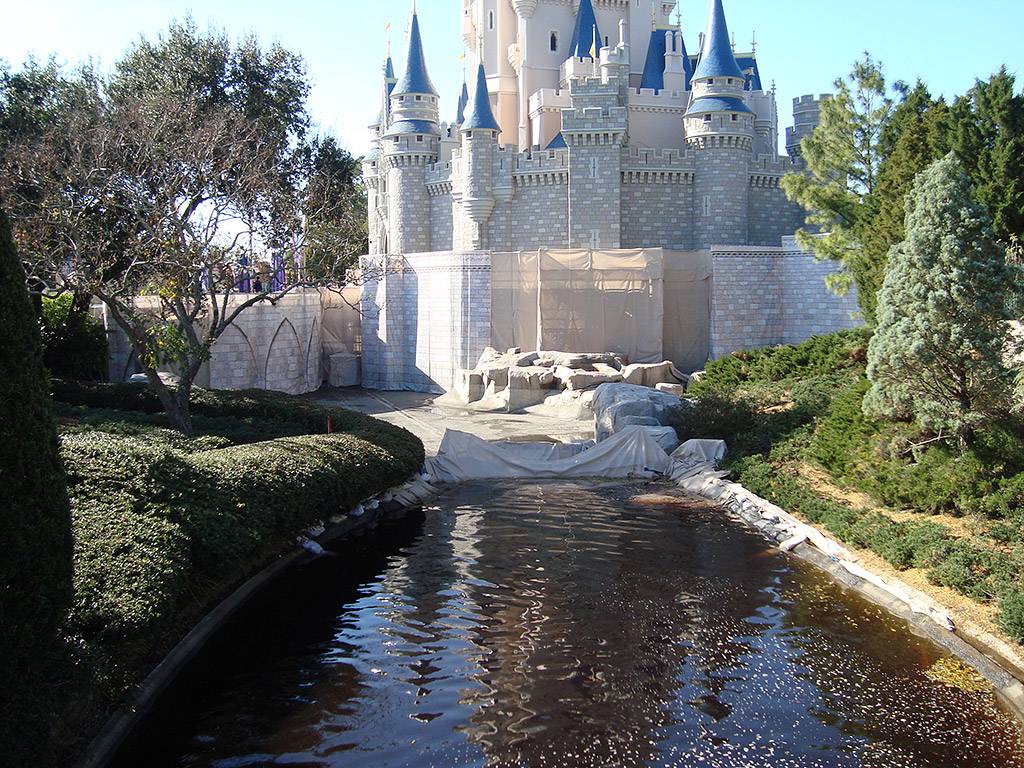 Cinderella Castle refurbishment photo update - water returning and scrim going up
