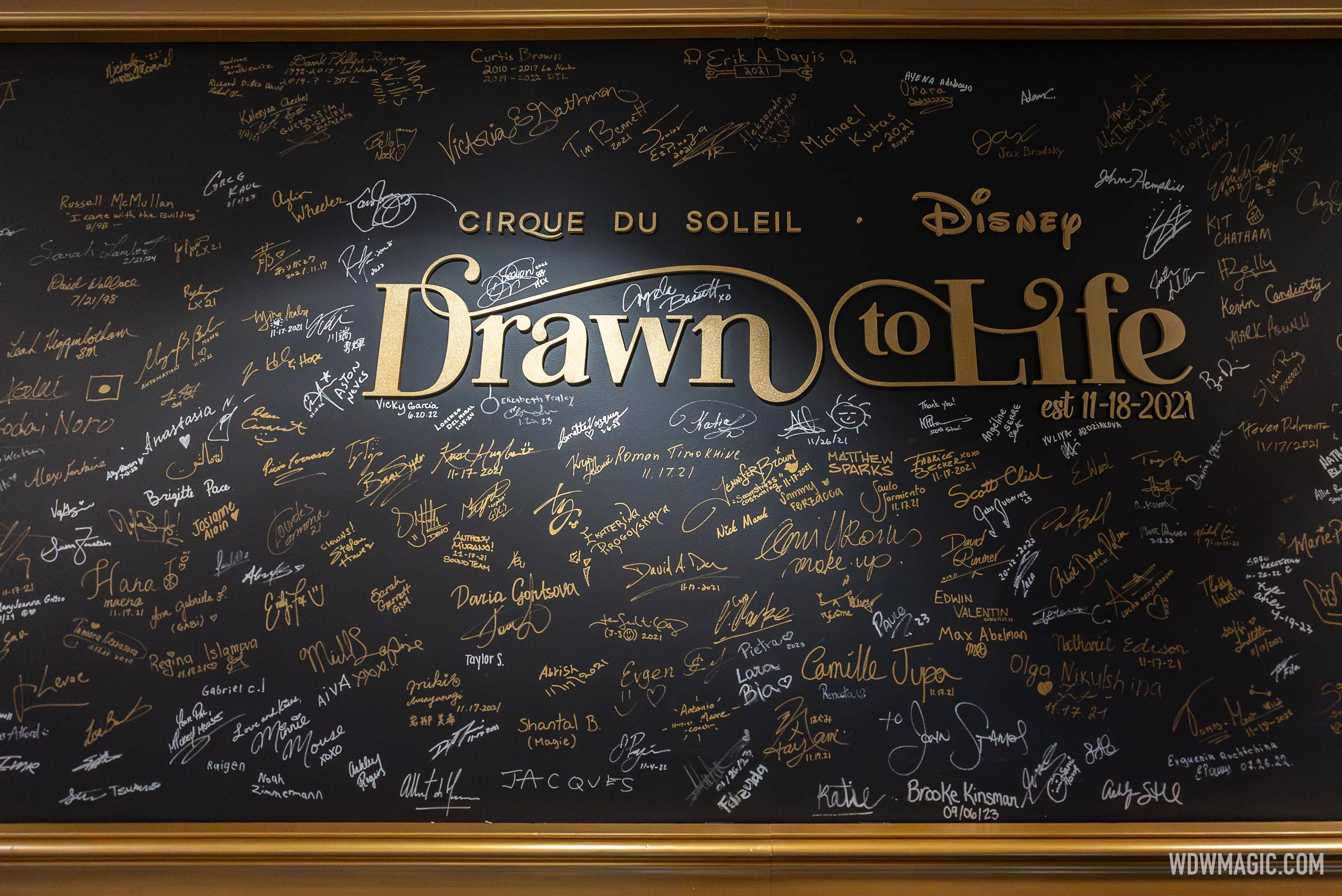 Wall of signatures from past and present Cirque du Soleil artists