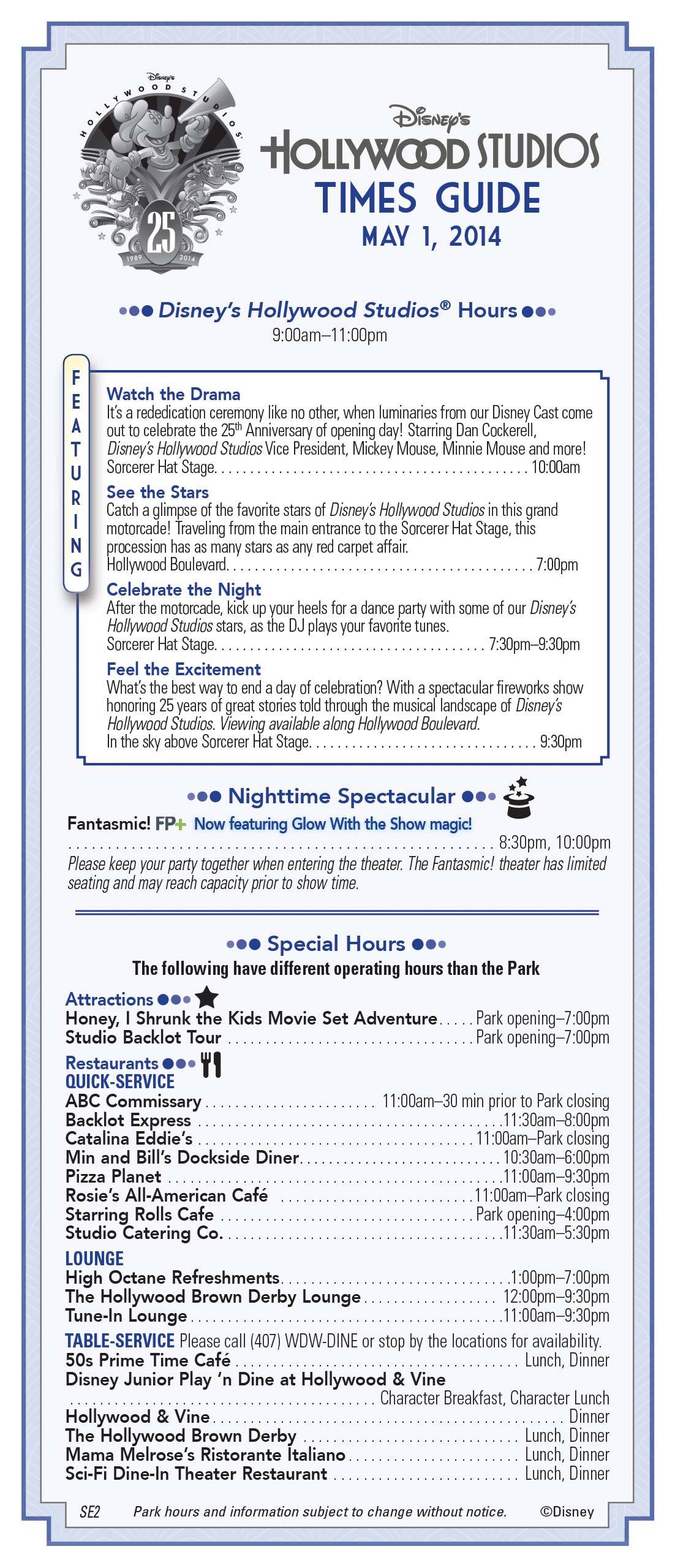 Disney's Hollywood Studios 25th Anniversary times guide