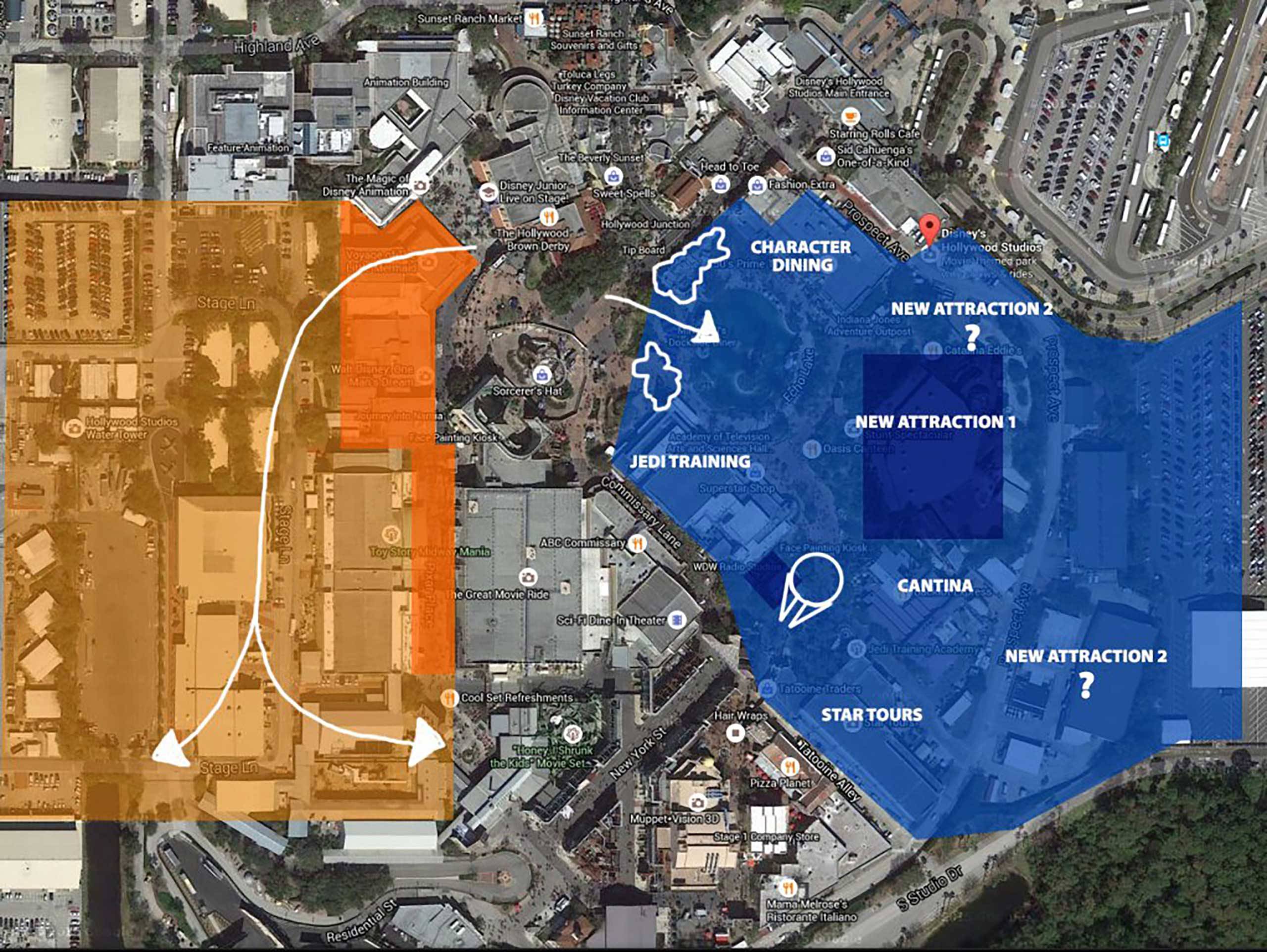 Possible location of Star Wars Land and Toy Story Land at Disney's Hollywood Studios. By Ignohippo.