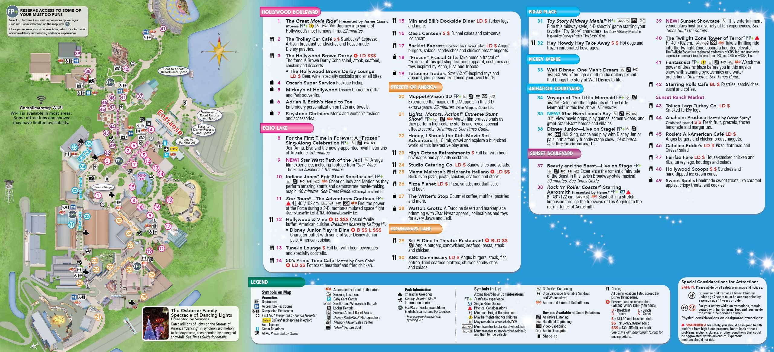 Disney's Hollywood Studios Guide Map December 2015 - Back