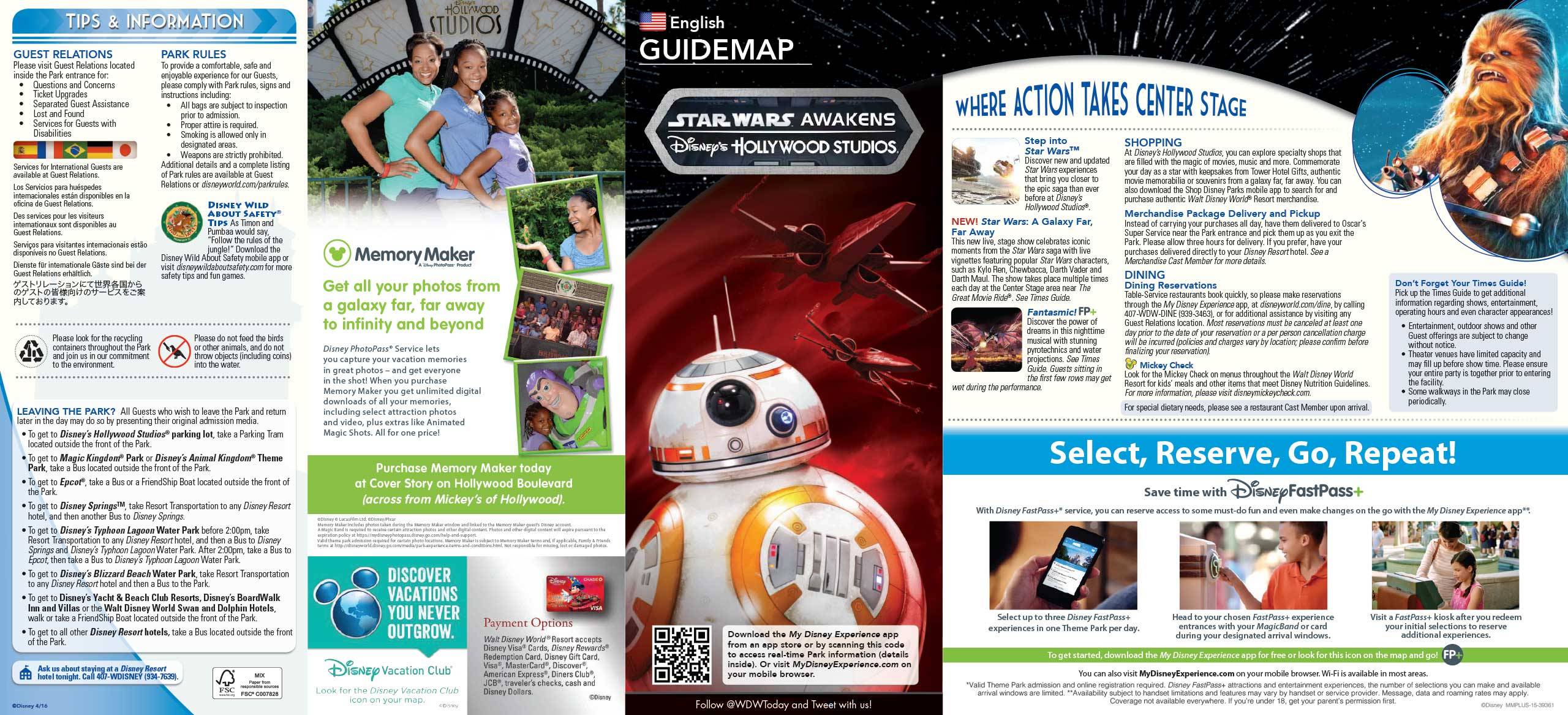 April 2016 Disney's Hollywood Studios guide map with backlot area removed