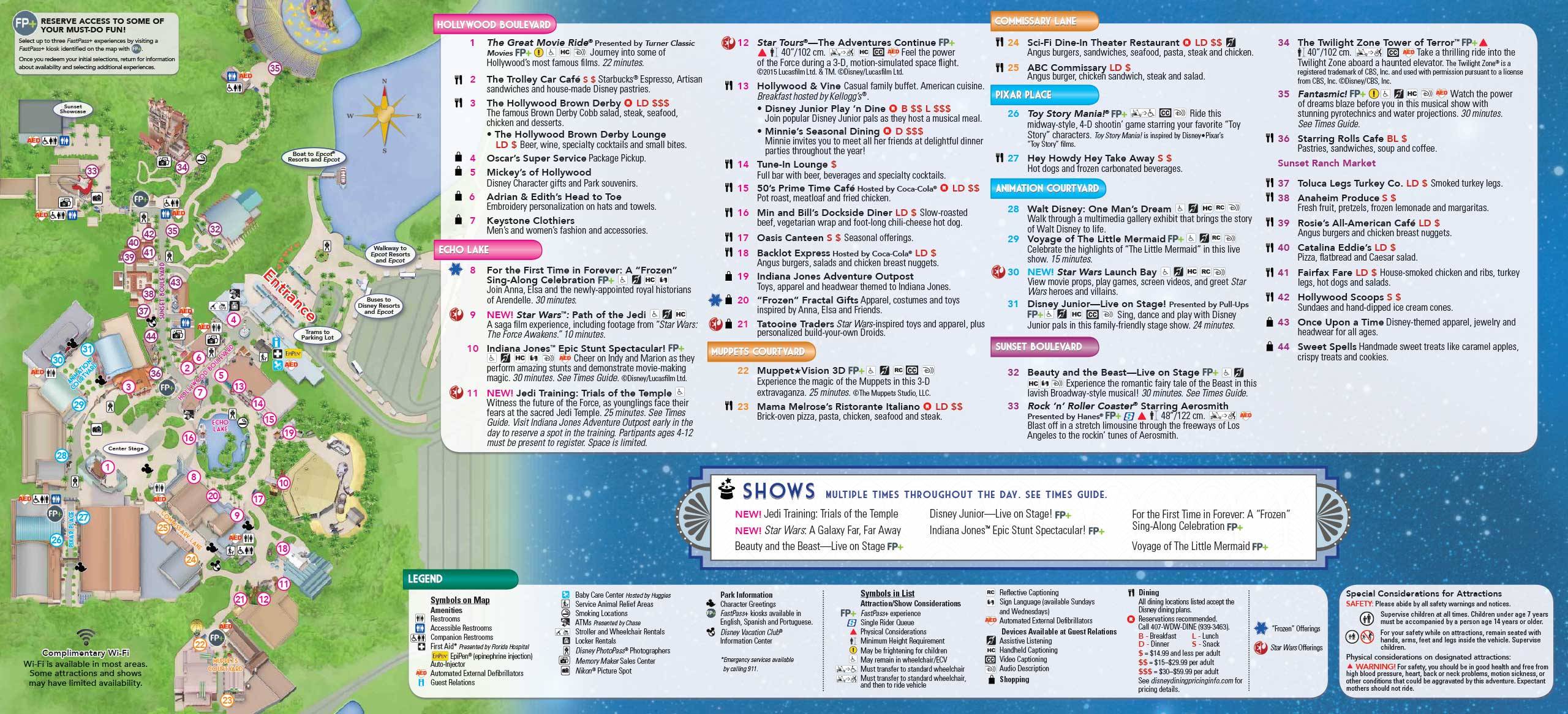 April 2016 Disney's Hollywood Studios guide map with backlot area removed