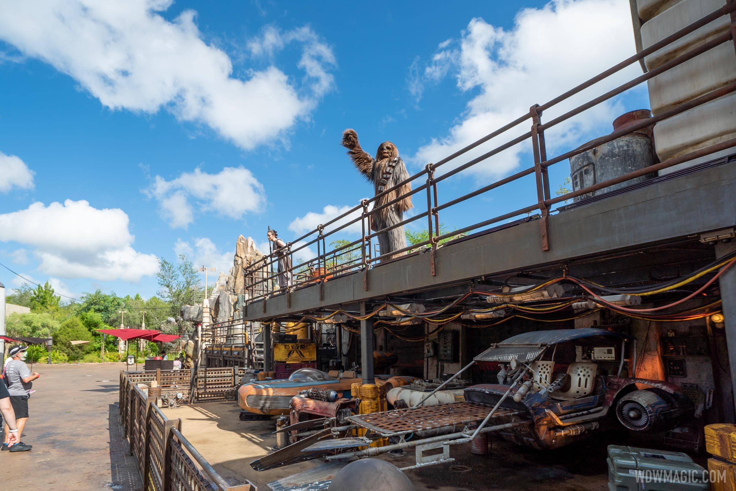 Chewbacca and Rey appear at a distance in Galaxy's Edge