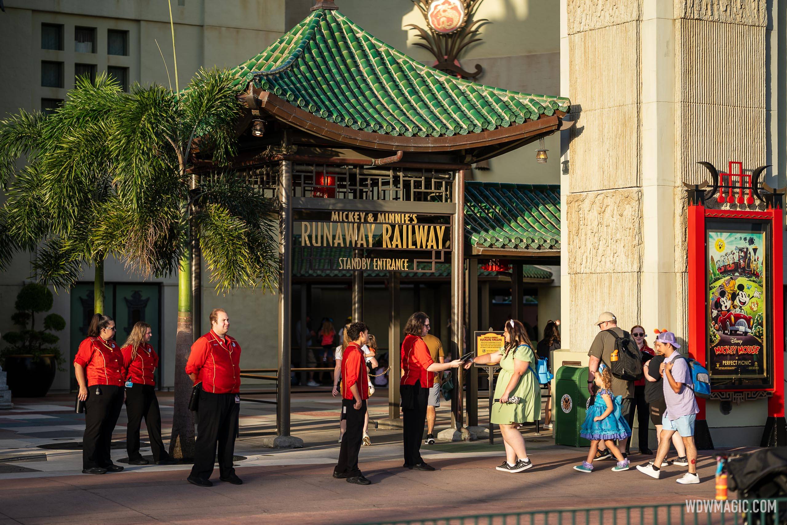 Resort guests entering the line at Runaway Railway for Early Entry