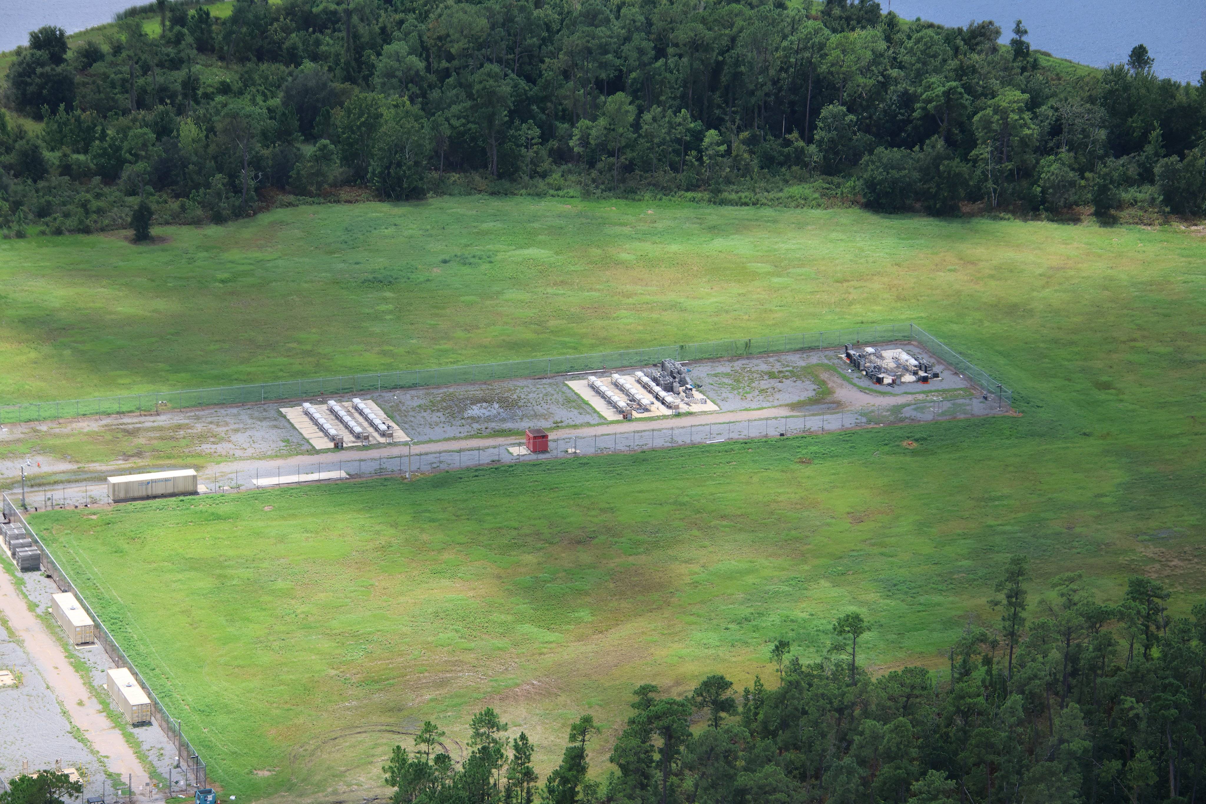 Aerial view of the fenced fireworks launch compound on World Drive