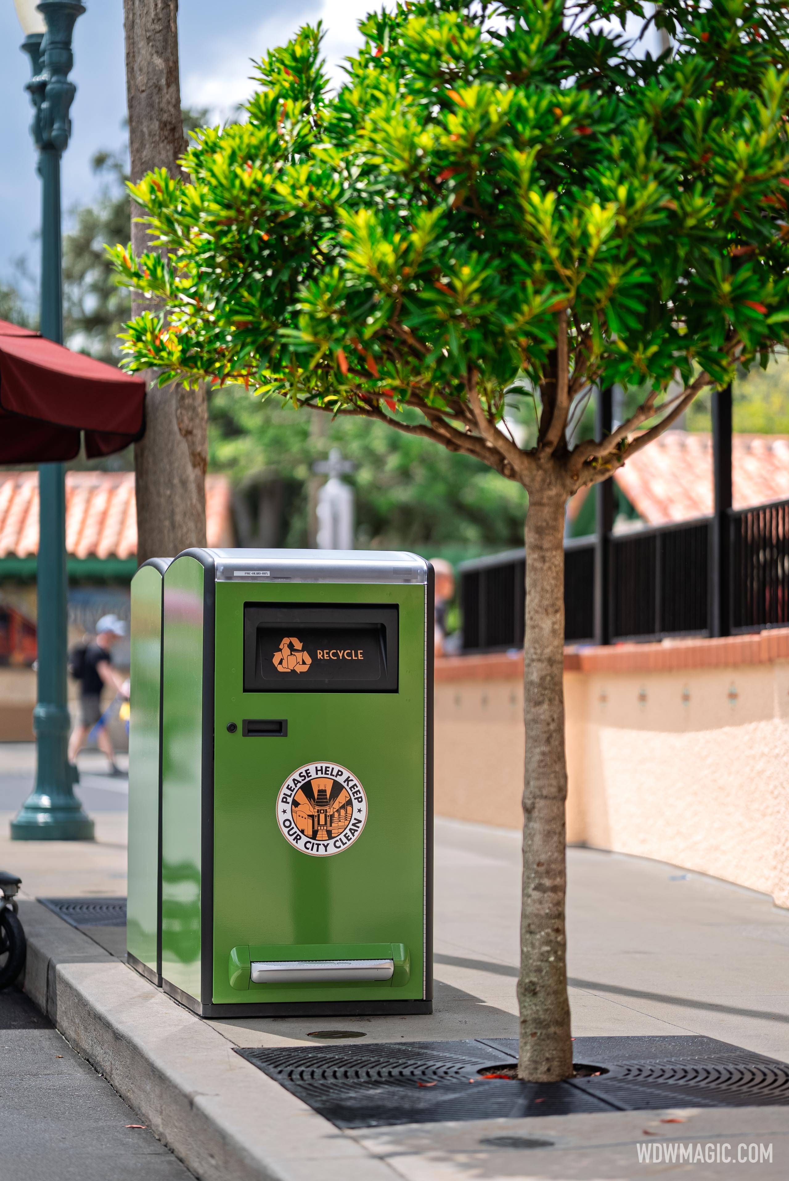New green solar-powered recycling bin along a Hollywood Blvd. at Disney's Hollywood Studios