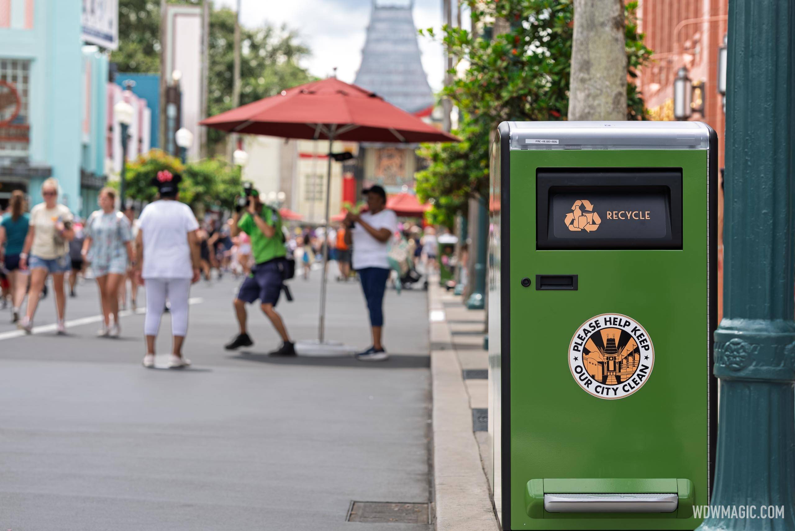 New green solar-powered recycling bin along Hollywood Boulevard at Disney's Hollywood Studios