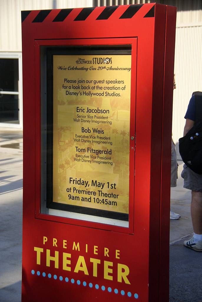 The billboard outside the Premiere Theater inviting guests to attend the Studios 20th birthday Imagineering event.