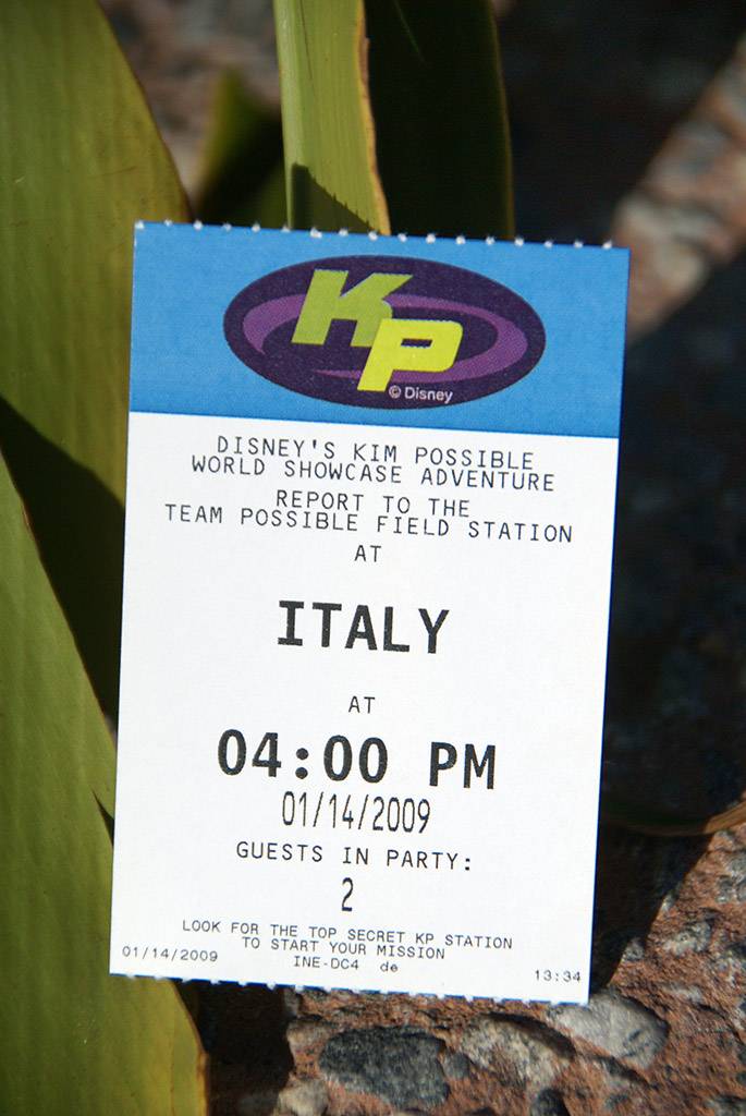 A closeup of the FASTPASS type ticket giving the time and location of your adventure.