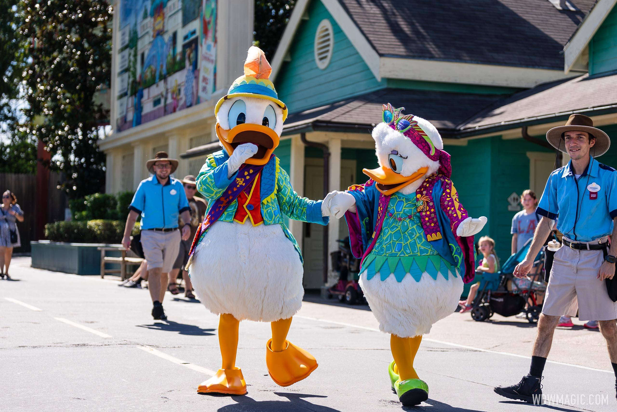 Donald Duck, Daisy Duck, and Chip 'n' Dale back on land with a return to Donald's Dino-Bash meet and greets at Disney's Animal Kingdom