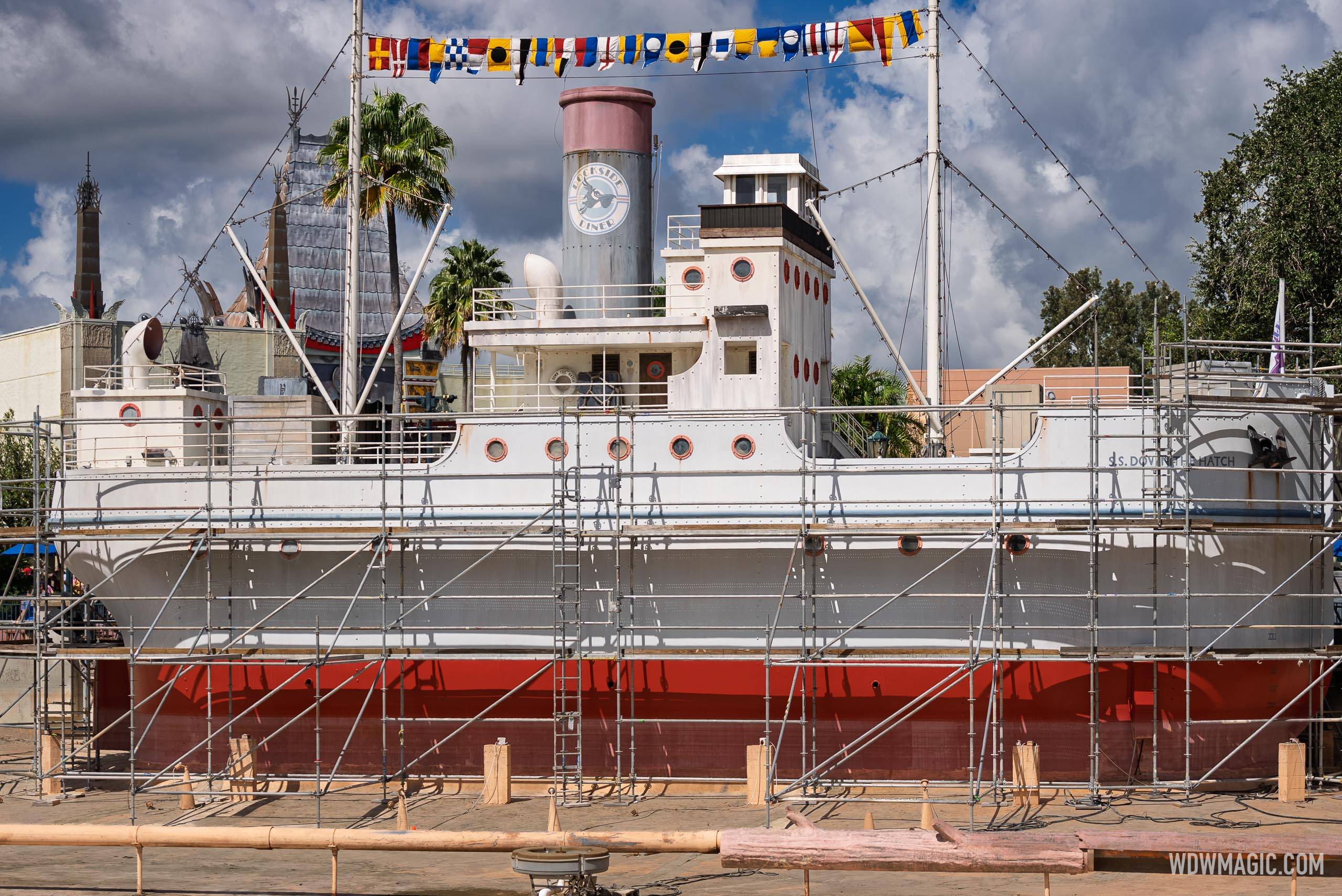 Scaffolding surrounds the S.S. Down the Hatch vessel, home to Dockside Diner, as work continues on the drained Echo Lake