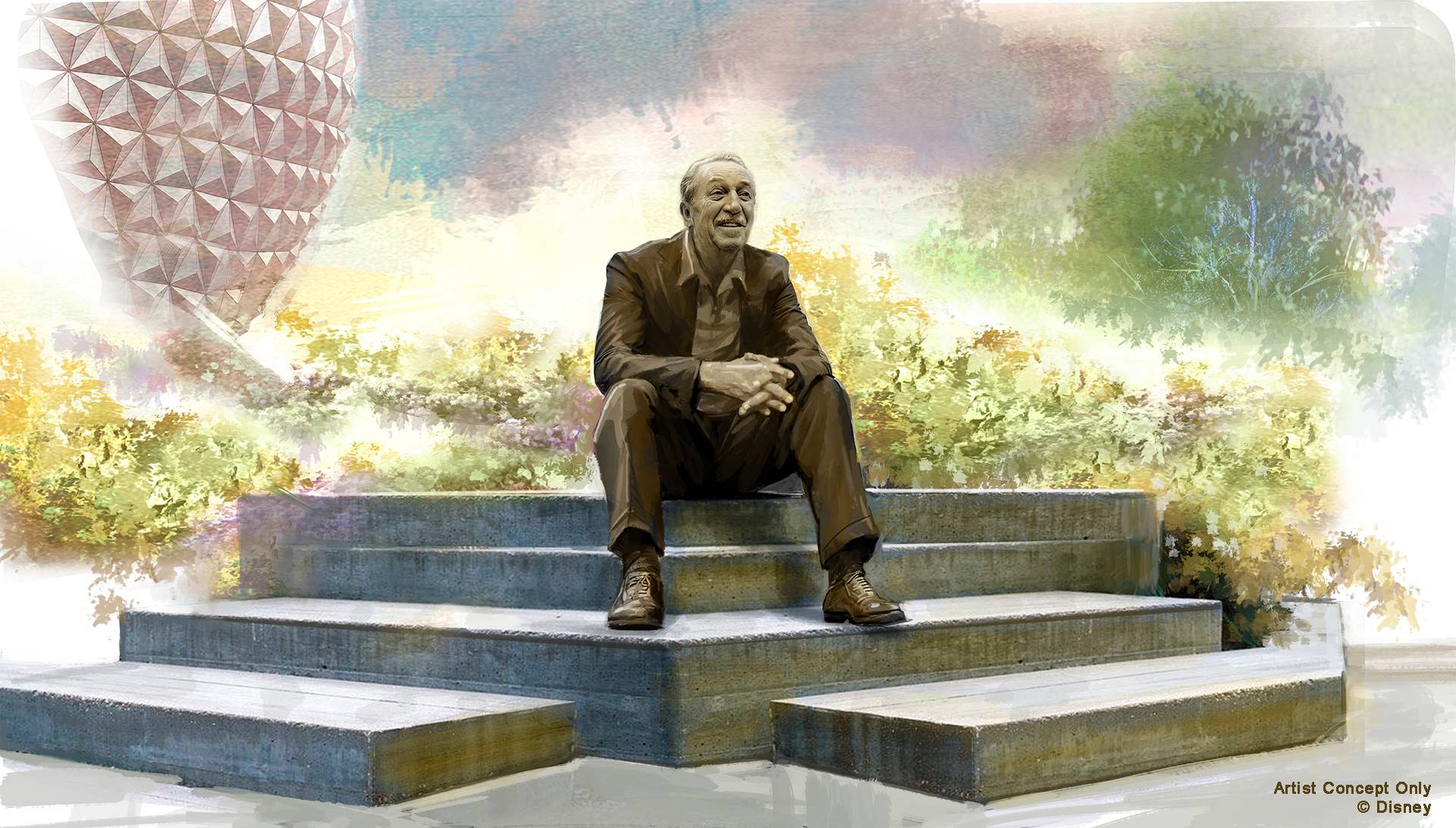 Concept art of statue of Walt Disney in new World Celebration neighborhood at EPCOT