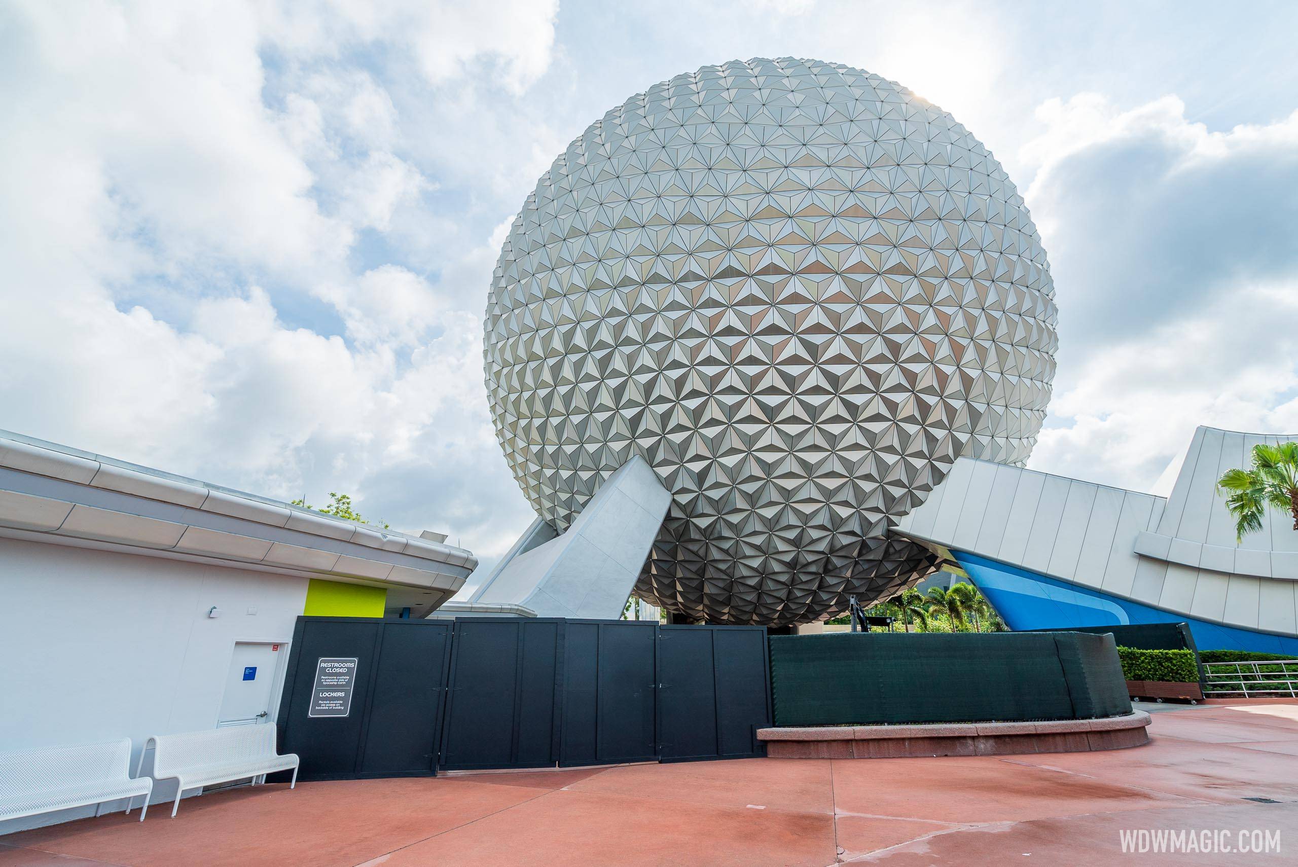 More construction walls up beneath Spaceship Earth along with restroom closure