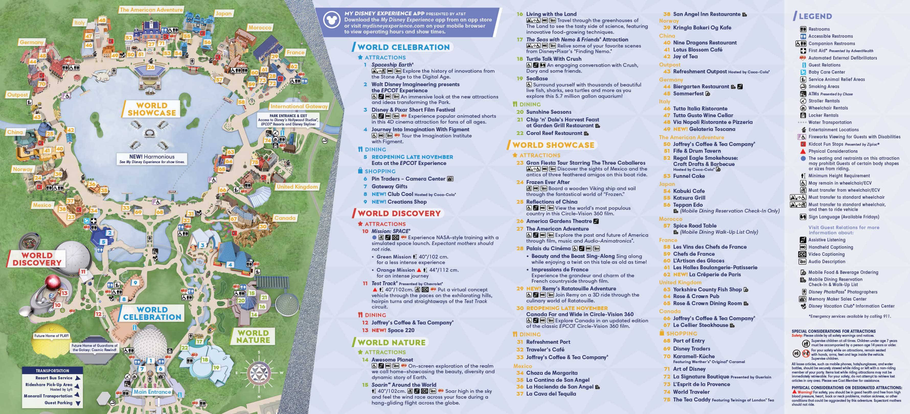 EPCOT guide map featuring new neighborhoods