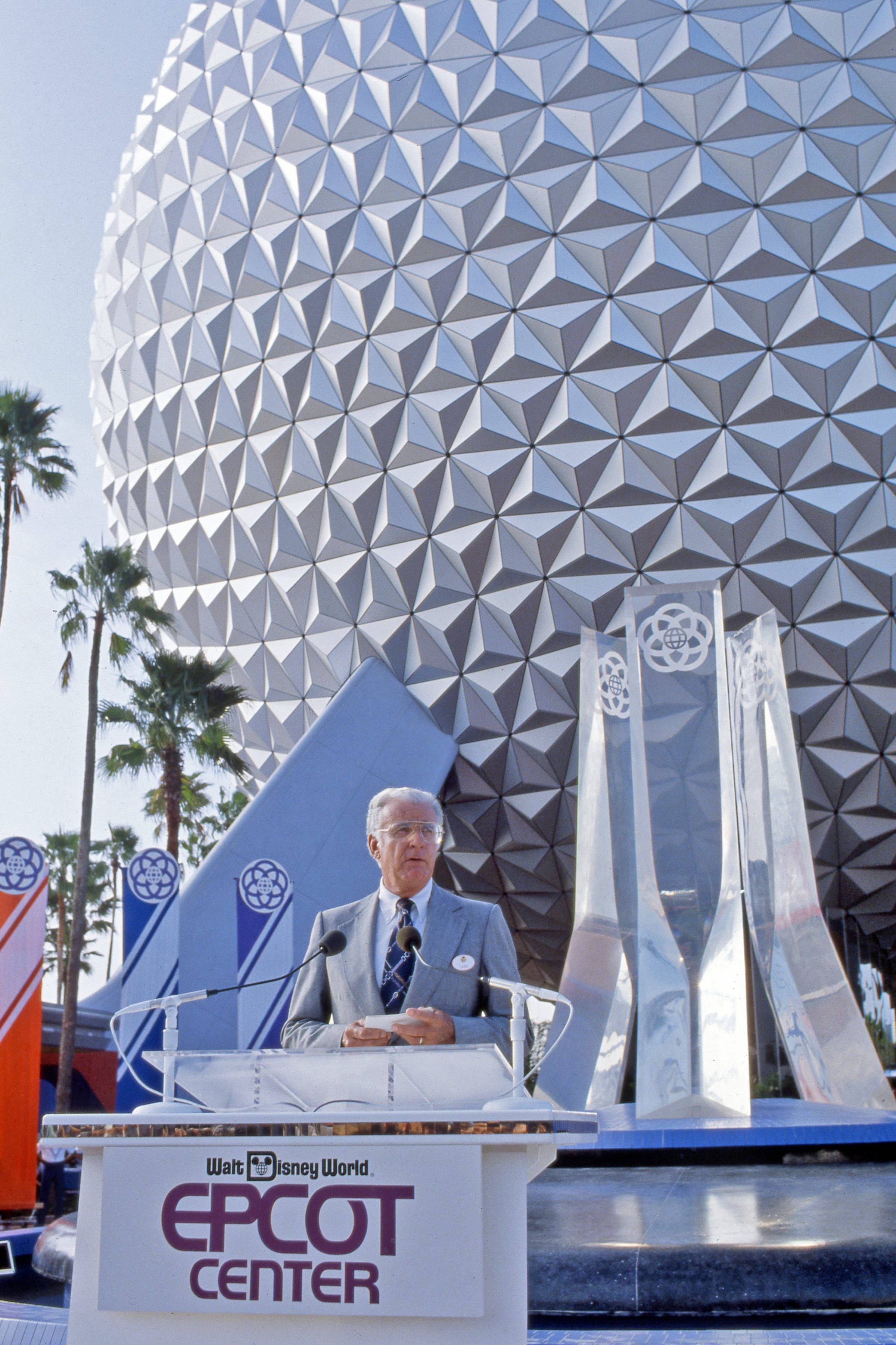 Chairman and CEO of Walt Disney Productions Card Walker officially dedicates EPCOT on Oct. 24, 1982