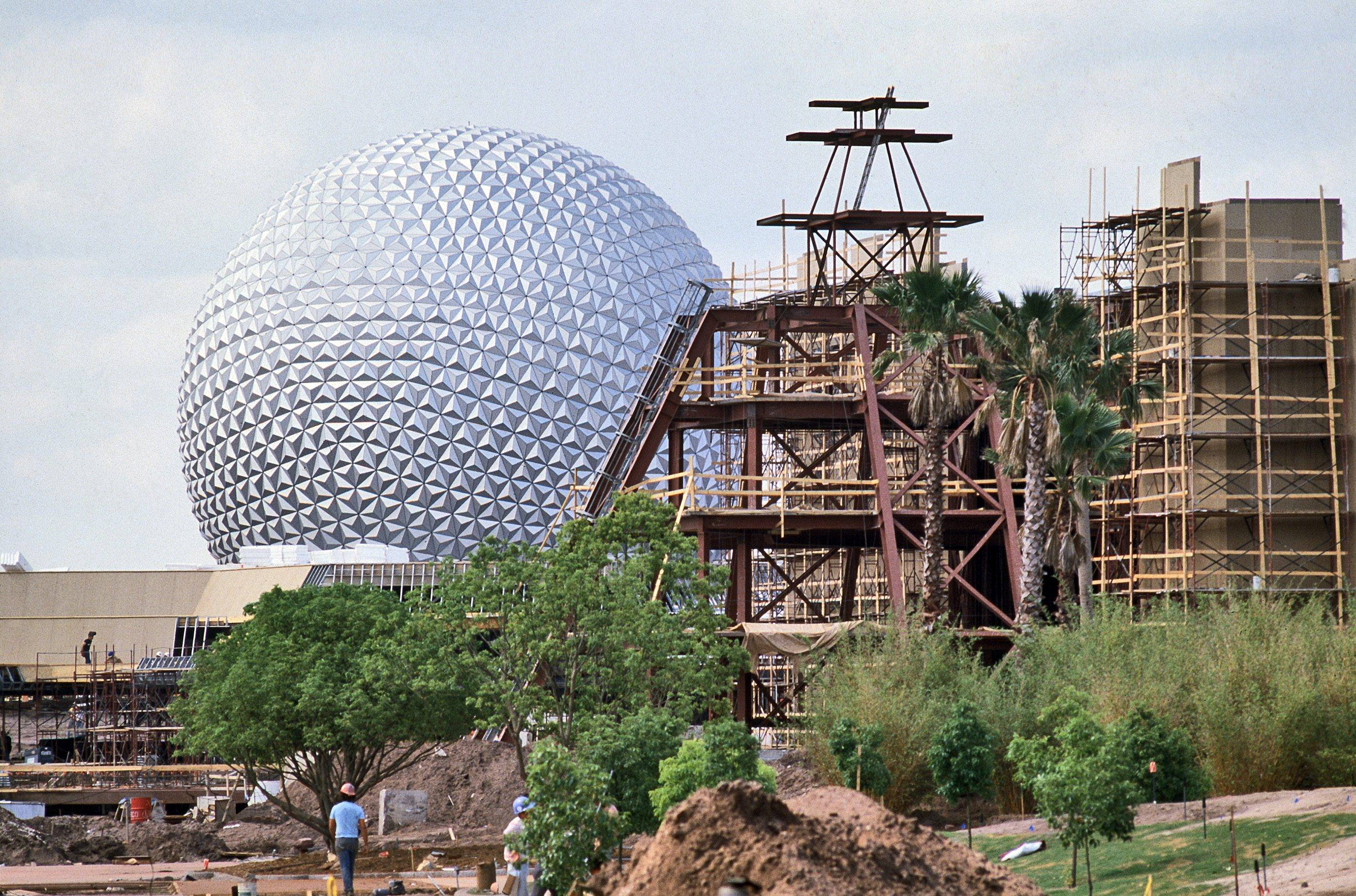 In 1982, construction continues on the Mexico Pavilion in EPCOT
