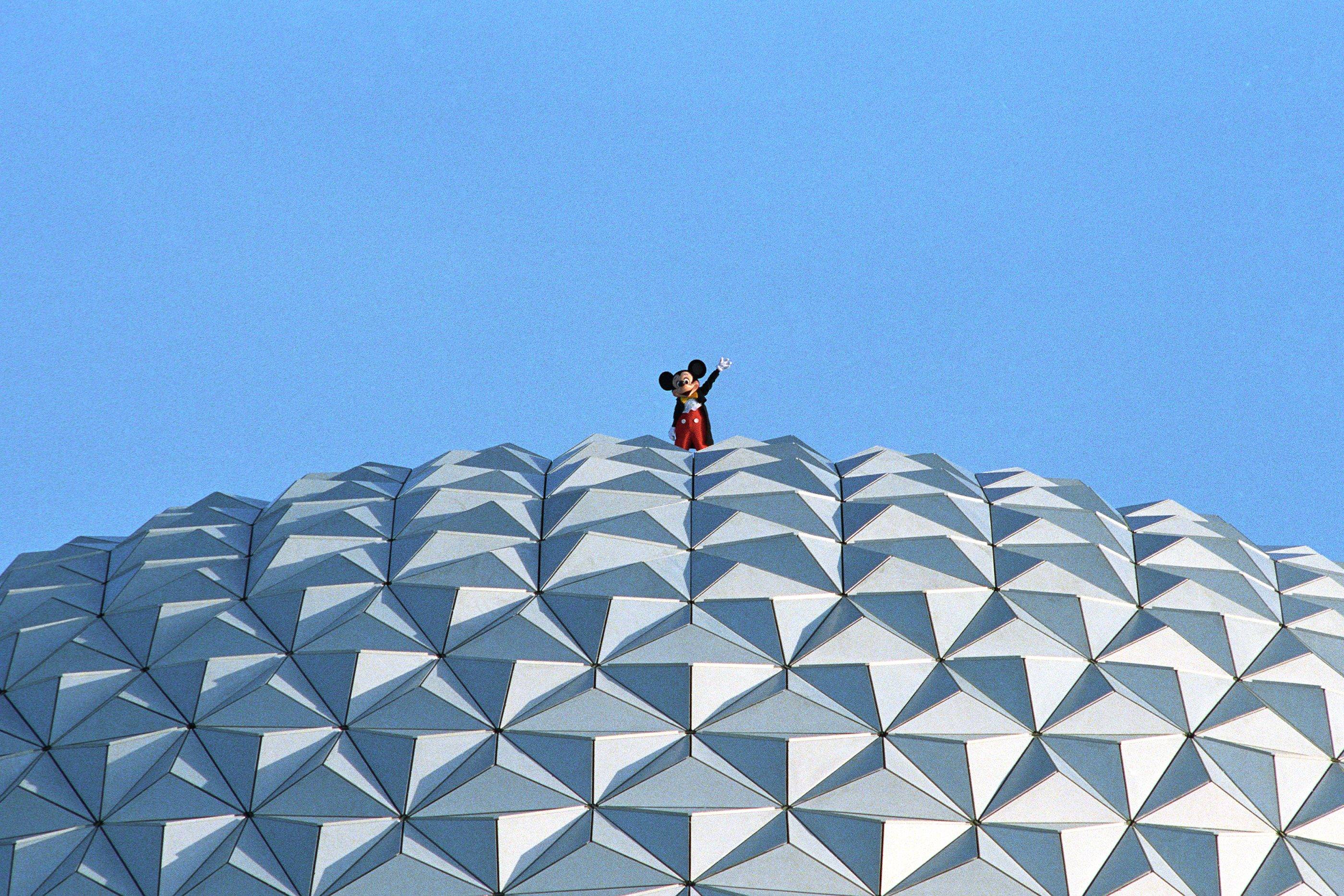 Mickey Mouse atop Spaceship Earth at EPCOT in 1993