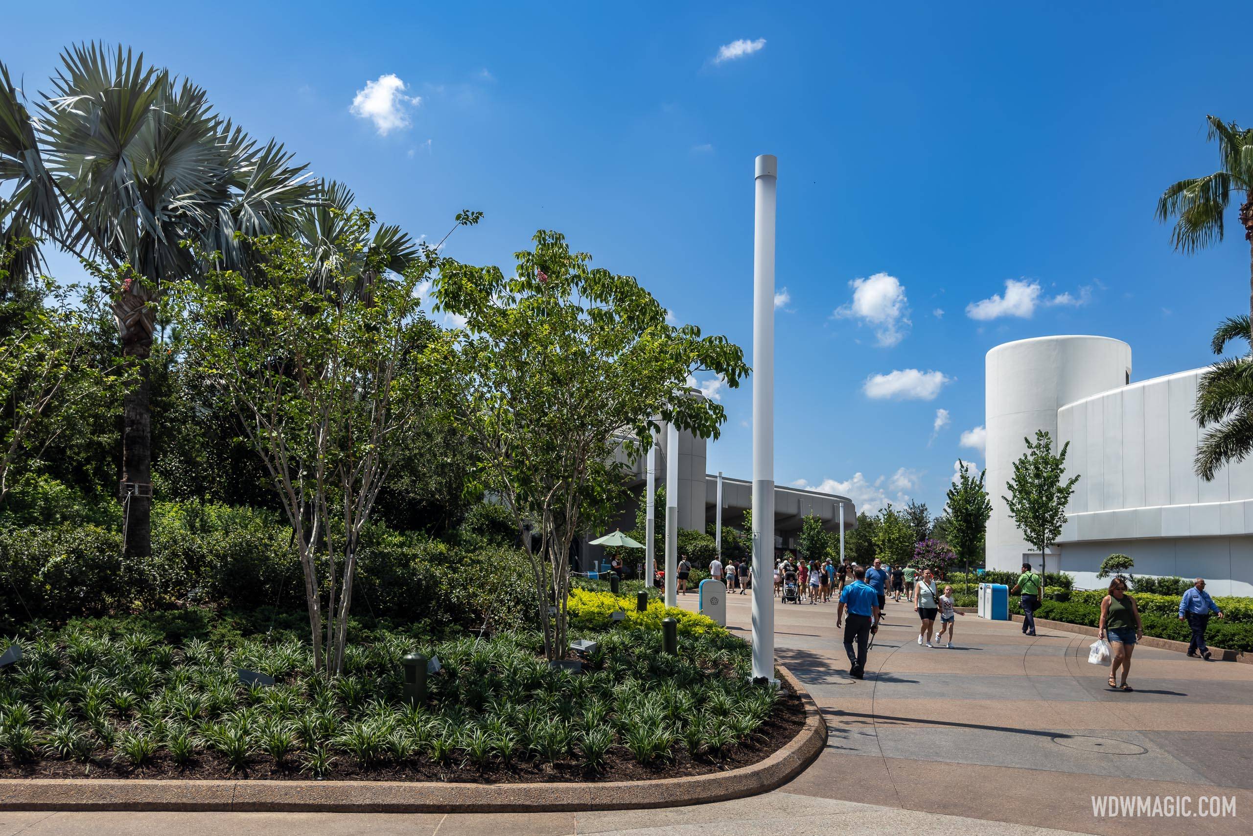 Construction walls removed around Guest Relations area and Spaceship Earth at EPCOT