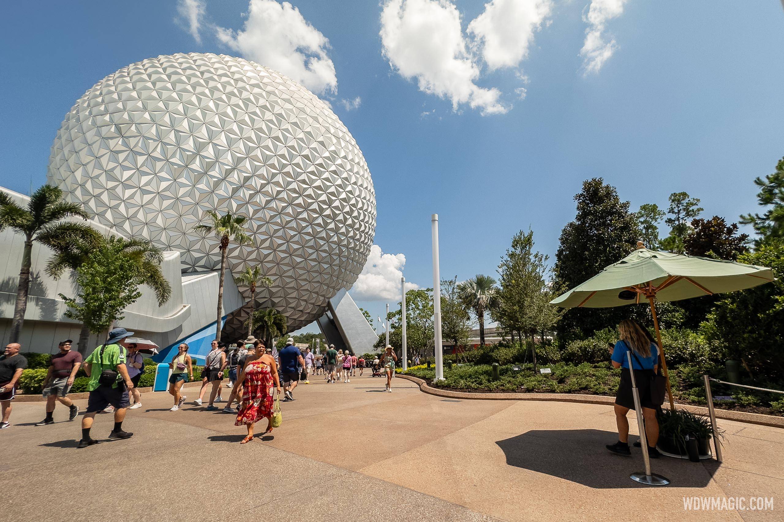 Construction walls removed around Guest Relations area and Spaceship Earth at EPCOT