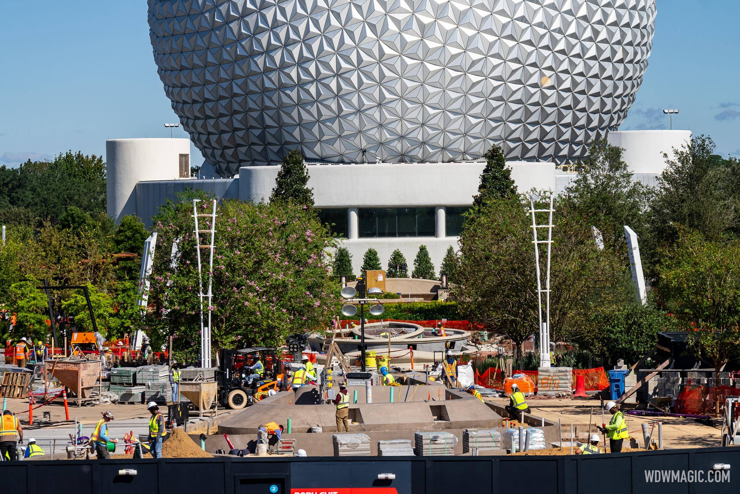 Latest look at EPCOT's World Celebration construction progress and the likely arrival of the Walt Disney statue at Dreamers Point