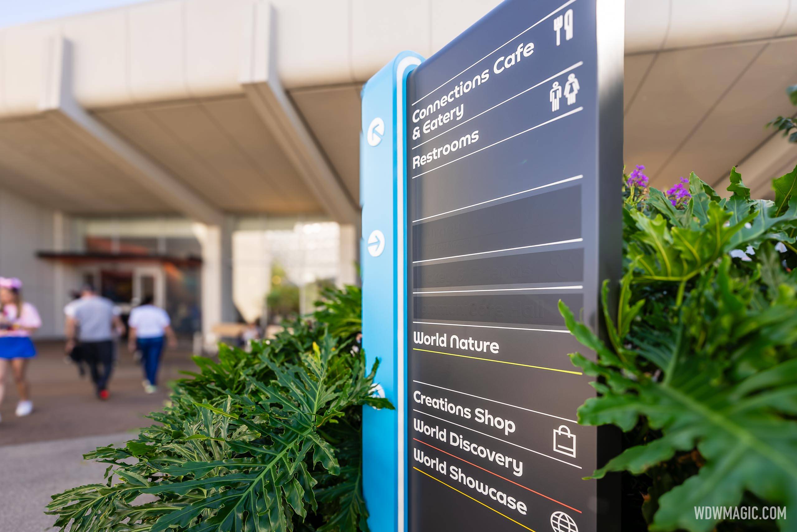 New EPCOT directional signage includes CommuniCore Hall and Mickey Mouse meet-and-greet