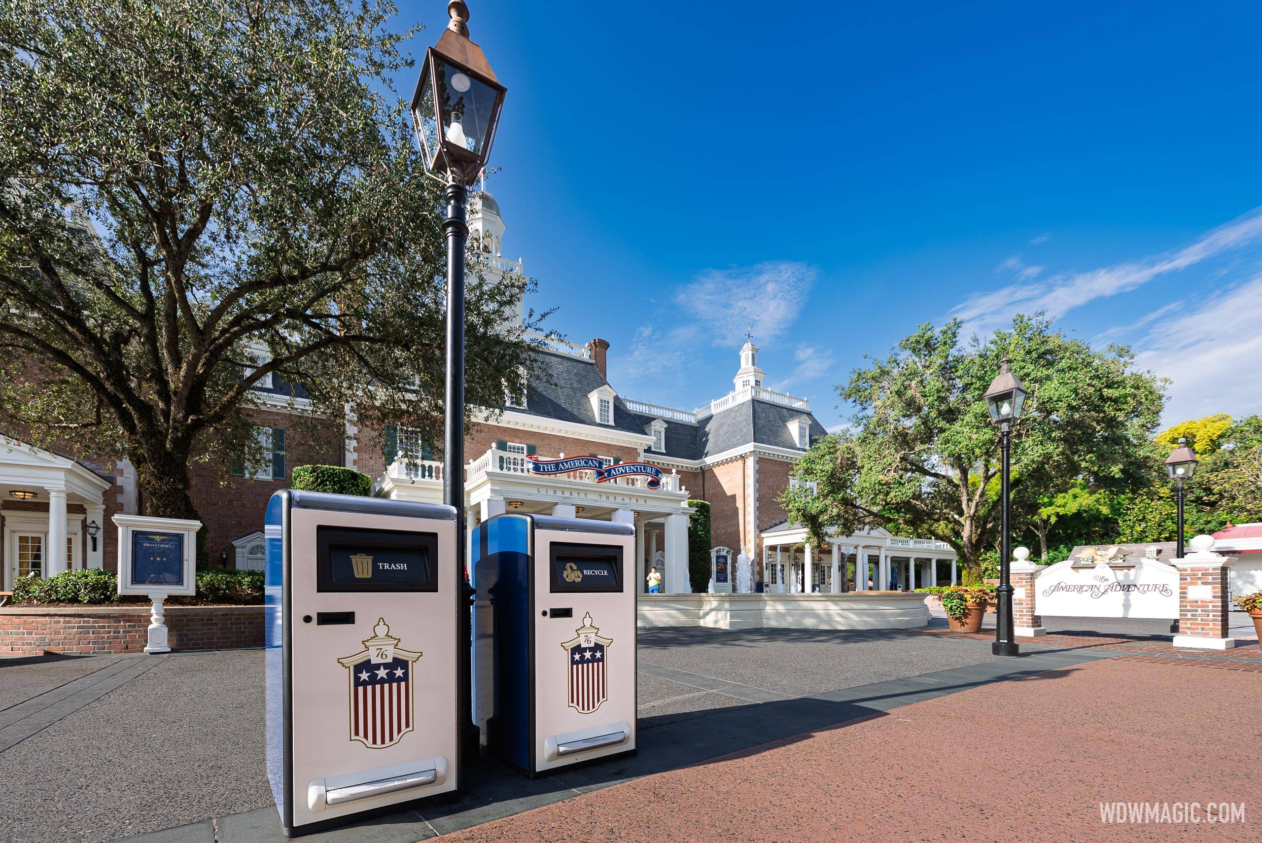 New patriotic shield-themed Bigbelly Smart Max trash and recycling bins outside The American Adventure pavilion at EPCOT