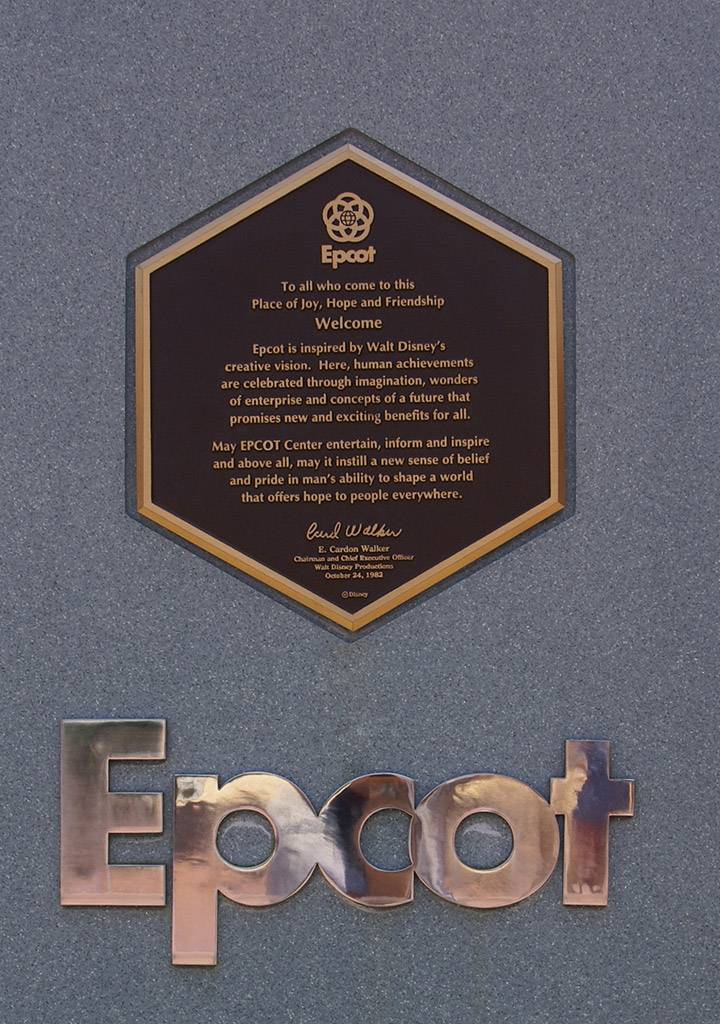 A closeup of the Epcot dedication plaque, October 24 1982