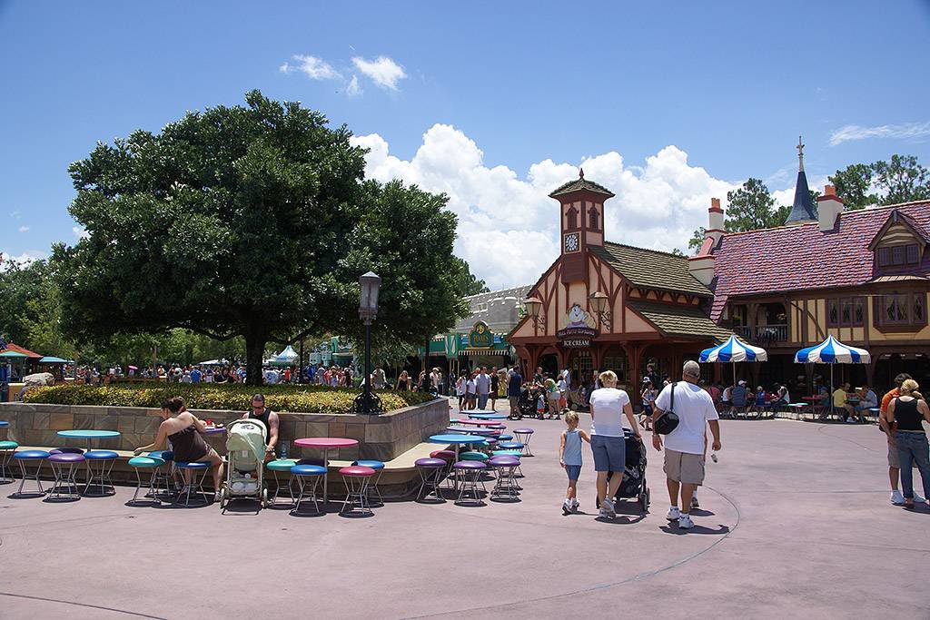 Fantasyland planter and seating area removed near Mrs Potts Cupboard to make way for expansion