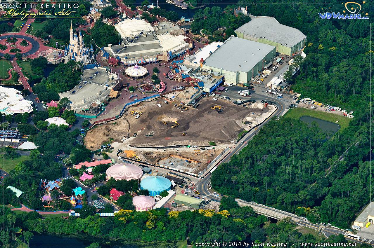 Aerial view of the Fantasyland expansion construction site - foundations being poured