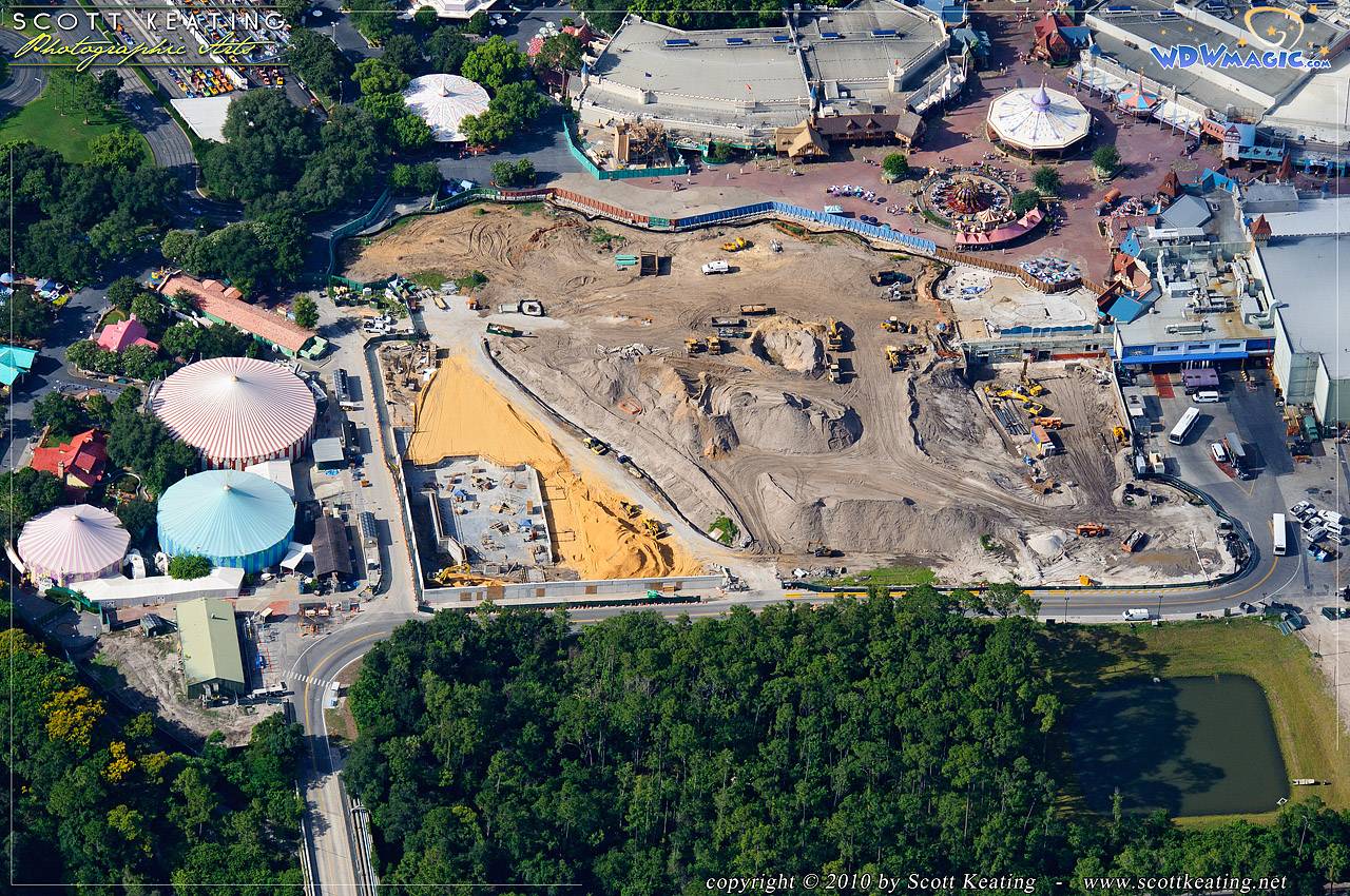 Fantasyland aerial photo showing construction of the Little Mermaid attraction and ground clearing for the other expansion areas