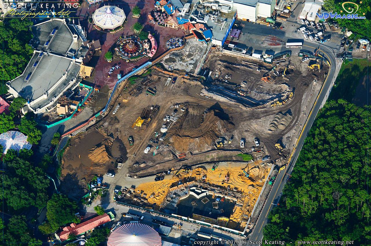 Fantasyland aerial photo showing construction of the Little Mermaid attraction and ground clearing for the other expansion areas 