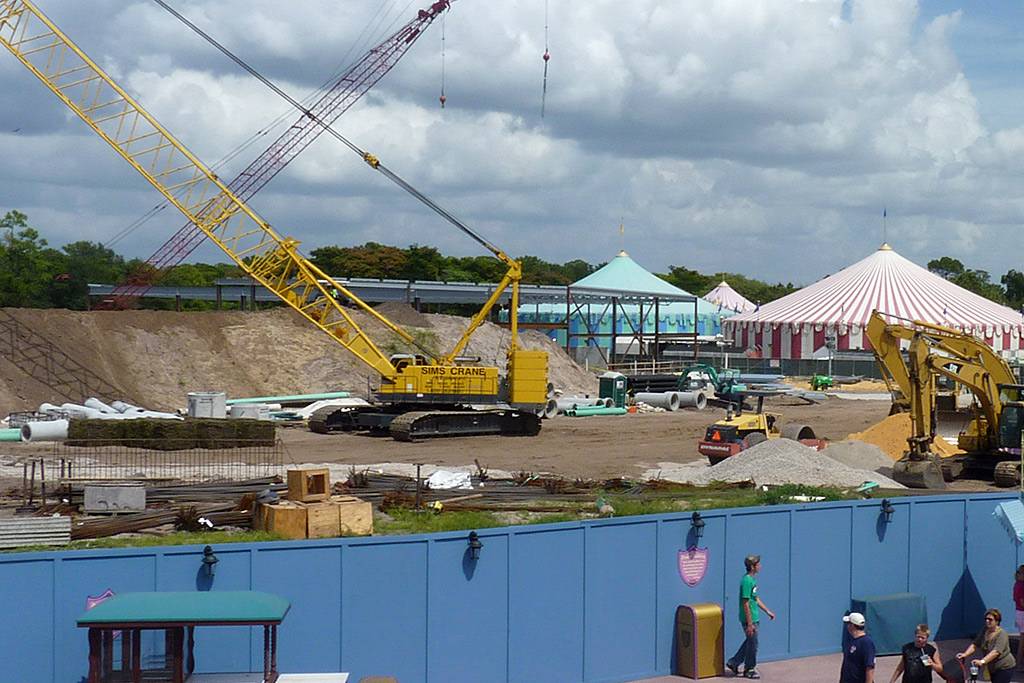A latest look at the Fantasyland construction site - steel work for the Little Mermaid attraction now rising