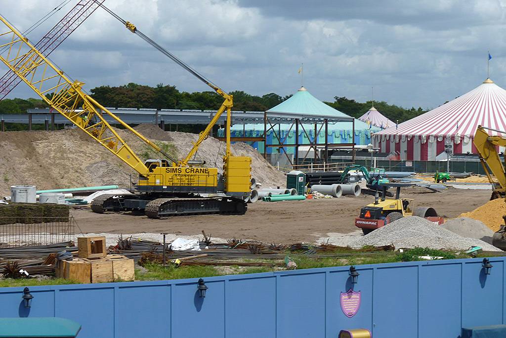 A latest look at the Fantasyland construction site - steel work for the Little Mermaid attraction now rising