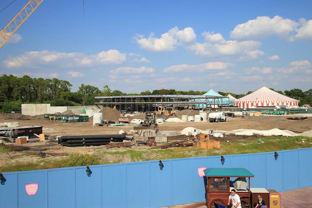Overhead view of the Fantasyland construction site - Beauty and the Beast steel goes vertical