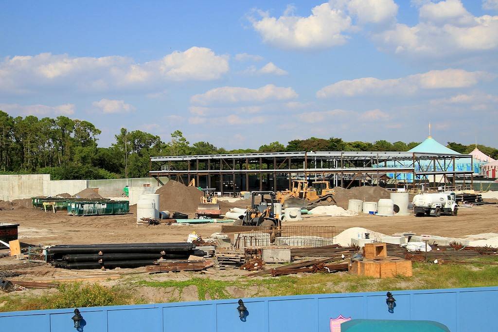 Overhead view of the Fantasyland construction site - Beauty and the Beast steel goes vertical