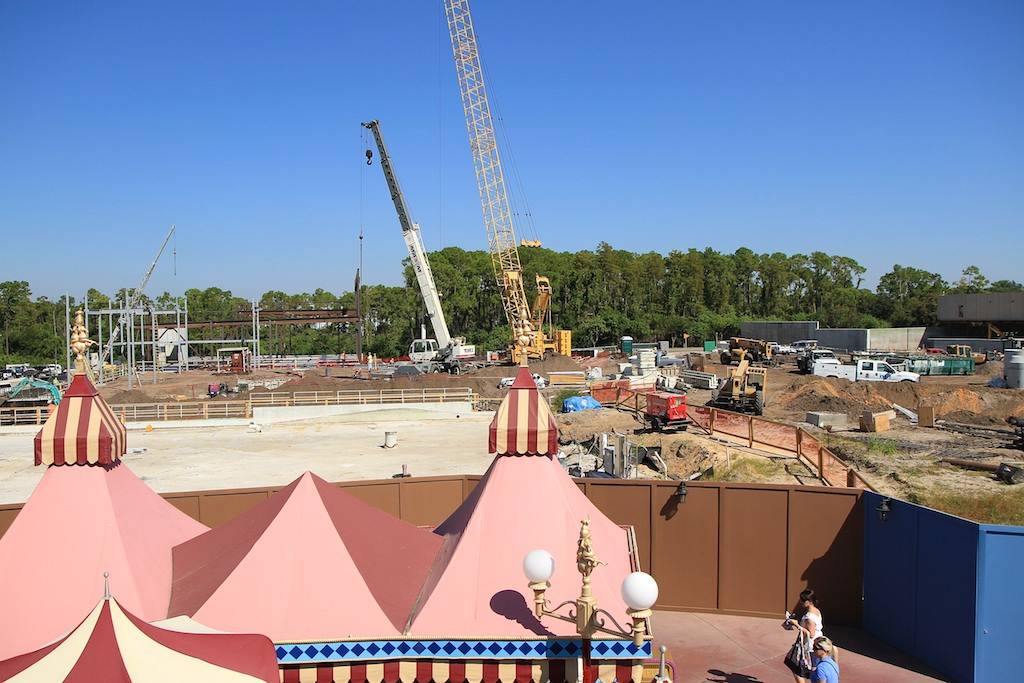 Overhead view of the Fantasyland construction site - Mermaid walls go solid, Beauty and the Beast expanding rapidly