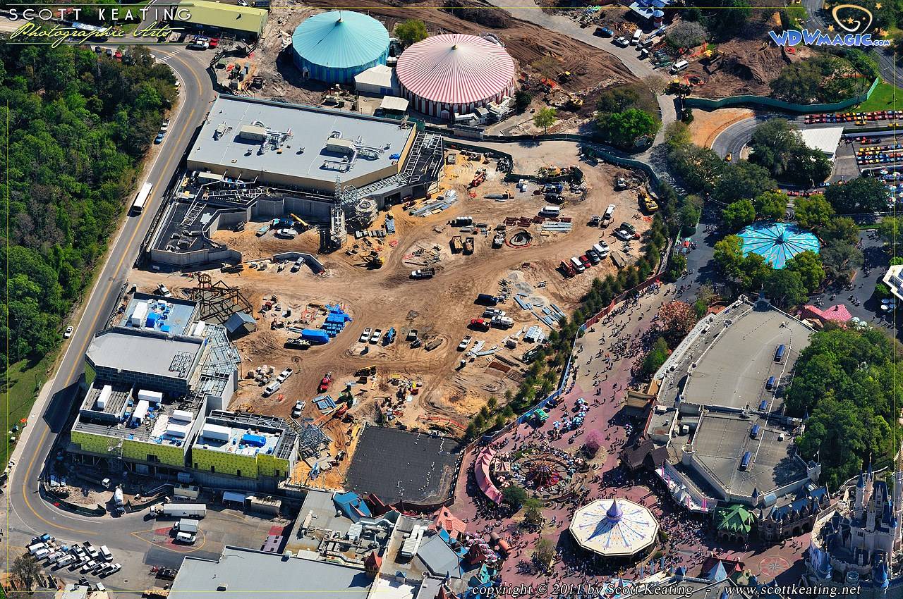 View of the Fantasyland area - Beast's Castle in the lower left, Little Mermaid in the upper left, the large cleared area in the center to be the Mine Train coaster