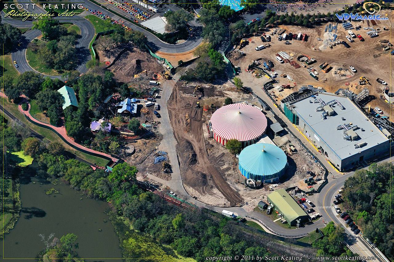 Mickey's Toontown Fair - Mickey and Minnie's houses, Donald's Boat and the train station are demolished. Barnstormer (to the left) and two of the tents remain to be used in the new Storybook Circus.