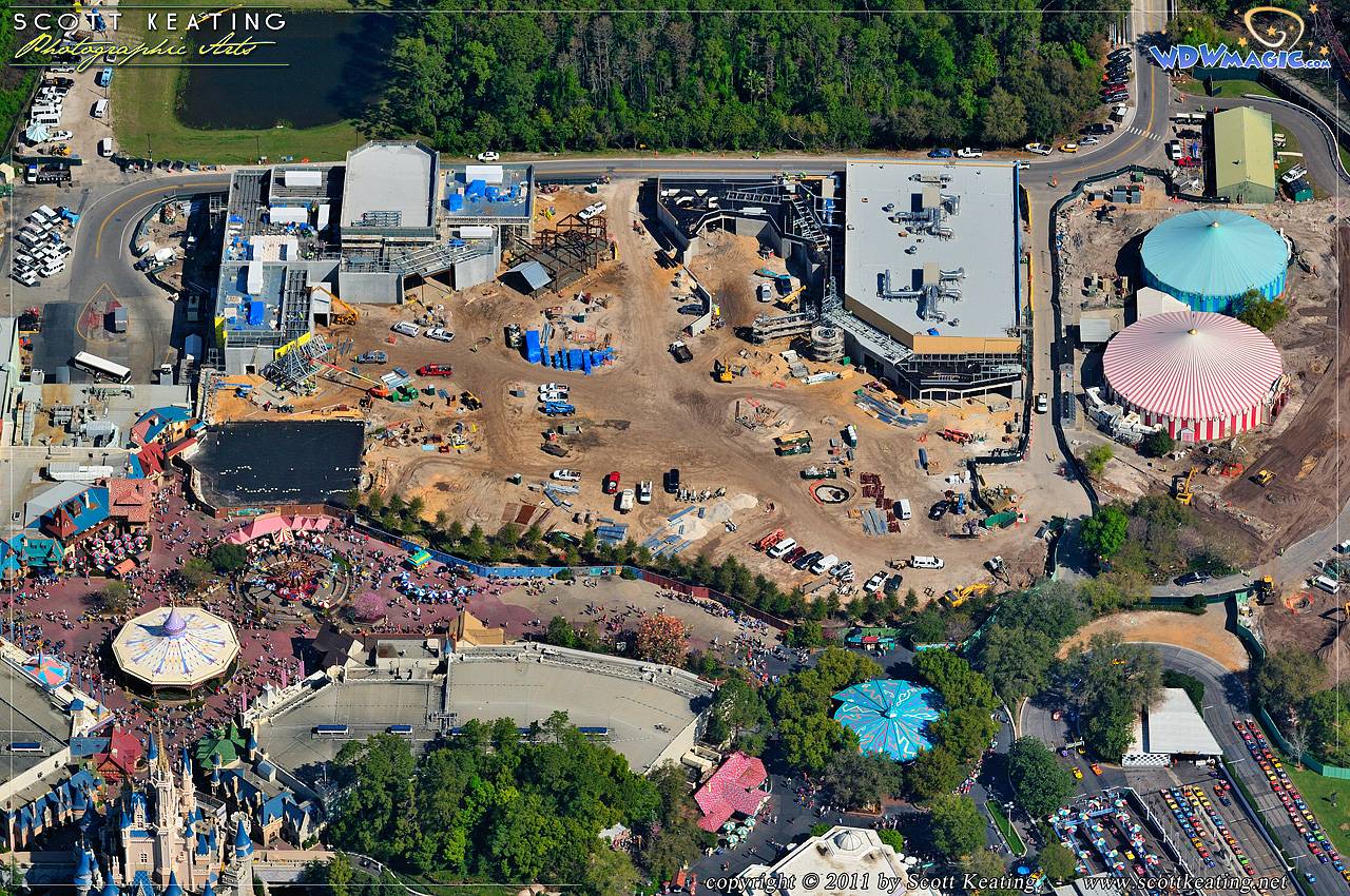 Another view of Fantasyland with Beauty and the Beast to the upper left and The Little Mermaid to the upper right